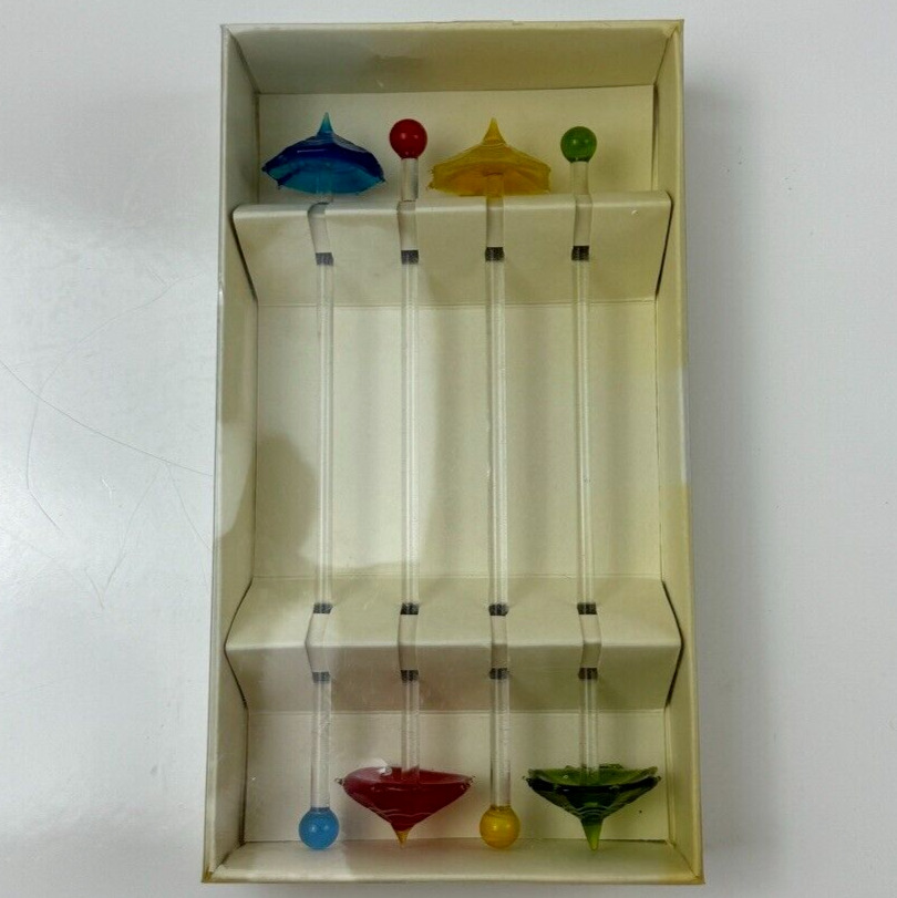 Vtg Murano Glass Set Of 4 Hand Blown Umbrella Swizzle Sticks Cocktail Stirrers