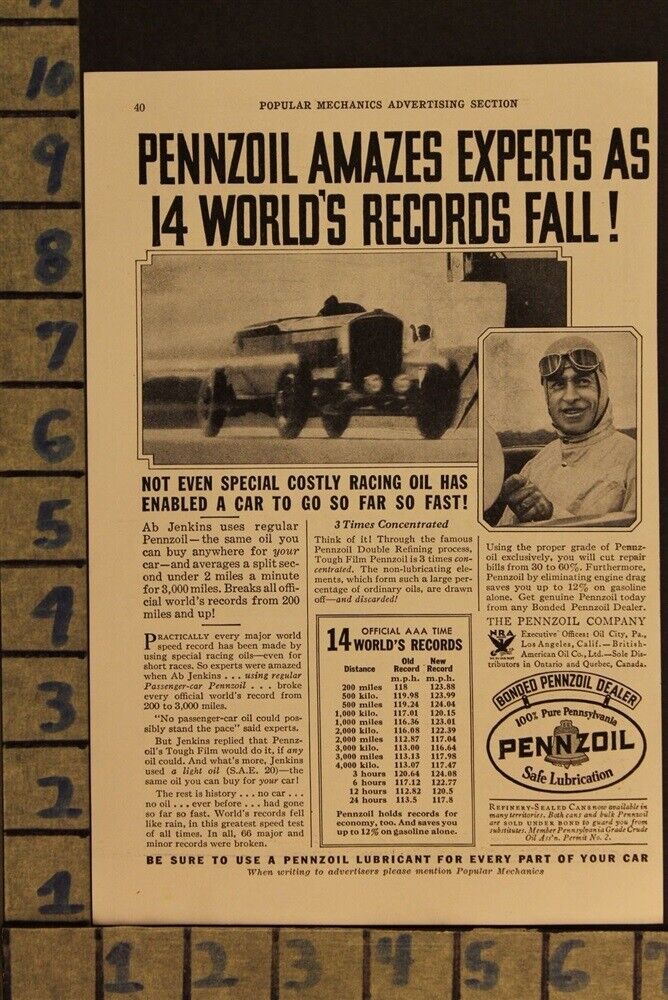 1933 PENNZOIL OIL AB JENKINS RACE SPEED CAR RECORD AUTO MOTOR VINTAGE AD ZD76