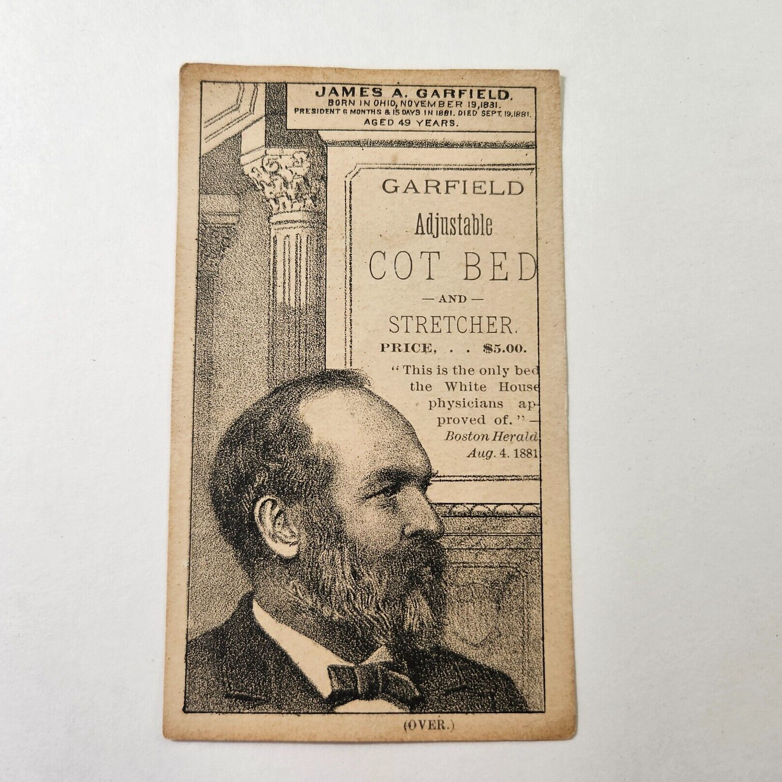 Rare Late 1800\'s Trade Card President James A. Garfield Adjustable Cot Bed