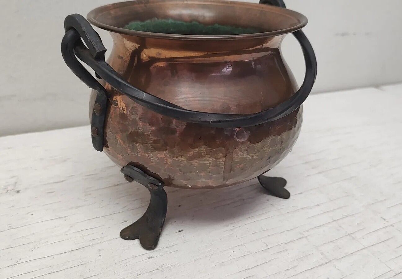 Vintage Copper Cauldron Kettle Pot Hand Hammered Wrought Iron Handle 5 Inch