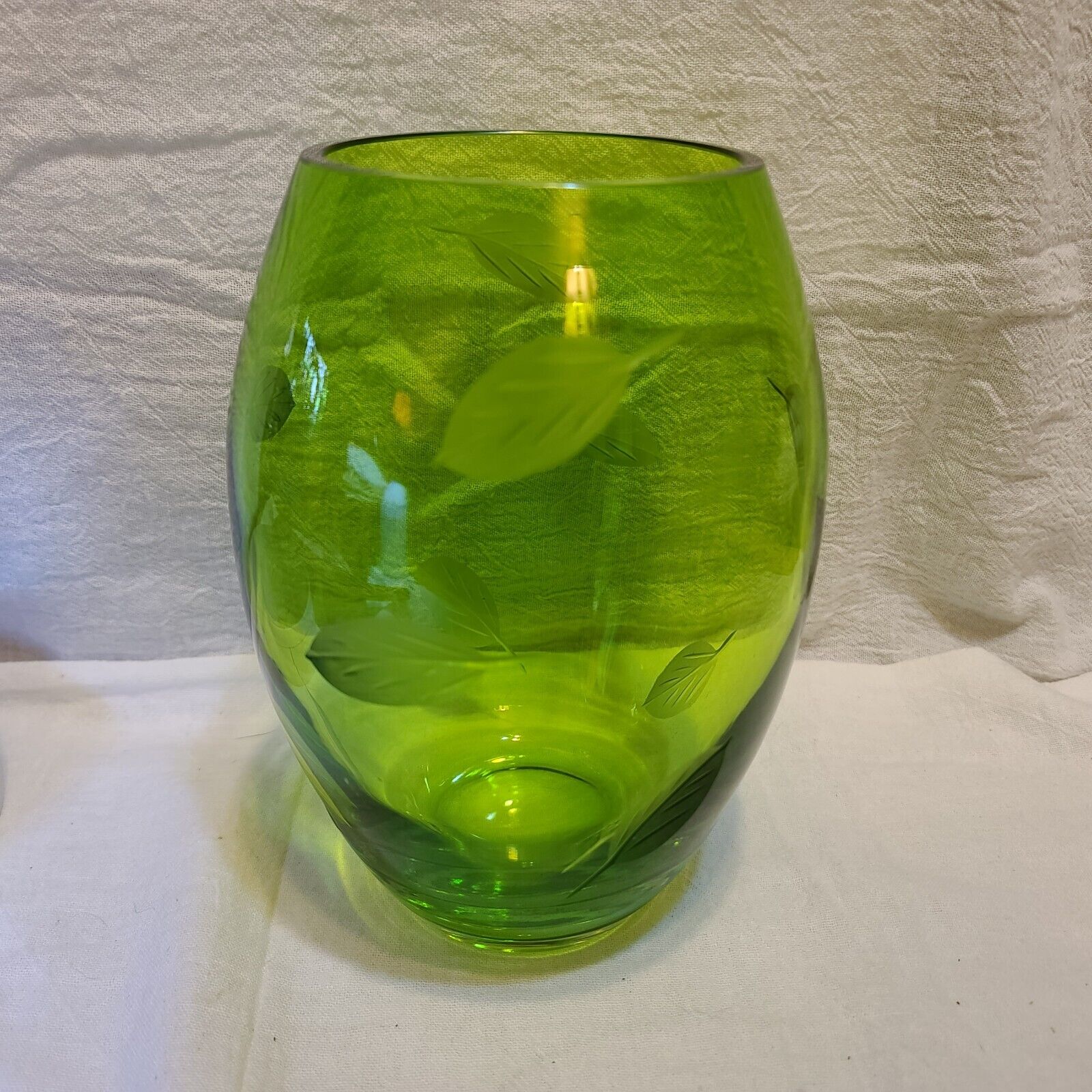 Etched Leaf Green Vase 7 3/4” Heavy Thick Stunning Piece