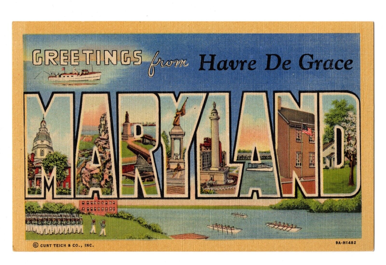 Vintage Big Letter Linen Postcard - Greetings from Havre  de Grace, Maryland