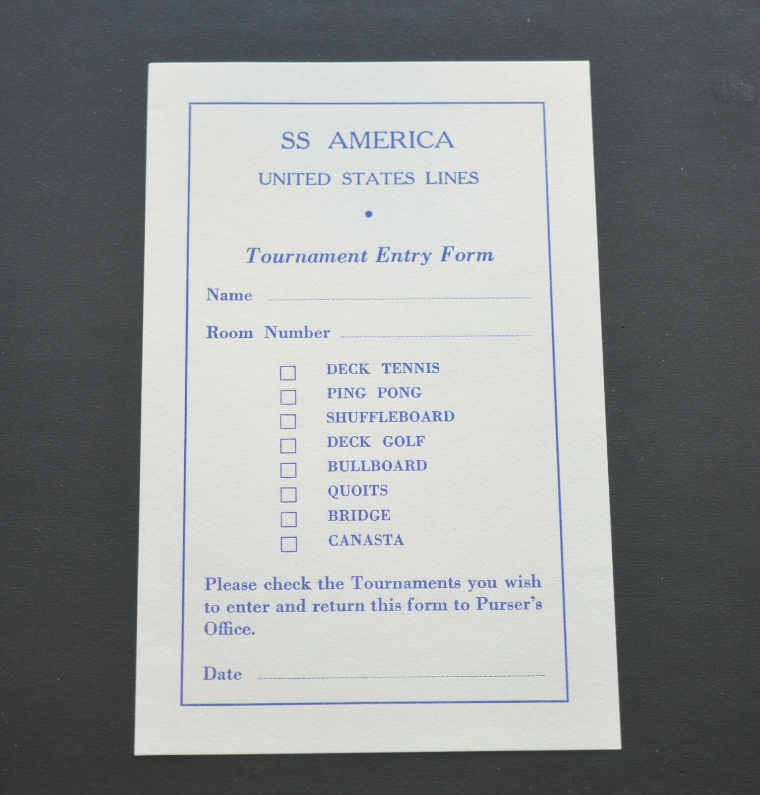 S.S. America Tournament Entry Form (1950s)