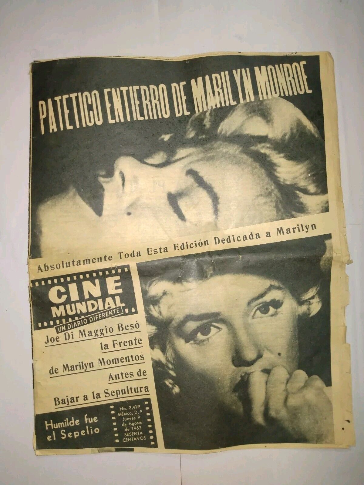 NEWSPAPER MARILYN MONROE THE PATHETIC\'S FUNERAL OF MARILYN AUGUST 9 1962 RARE