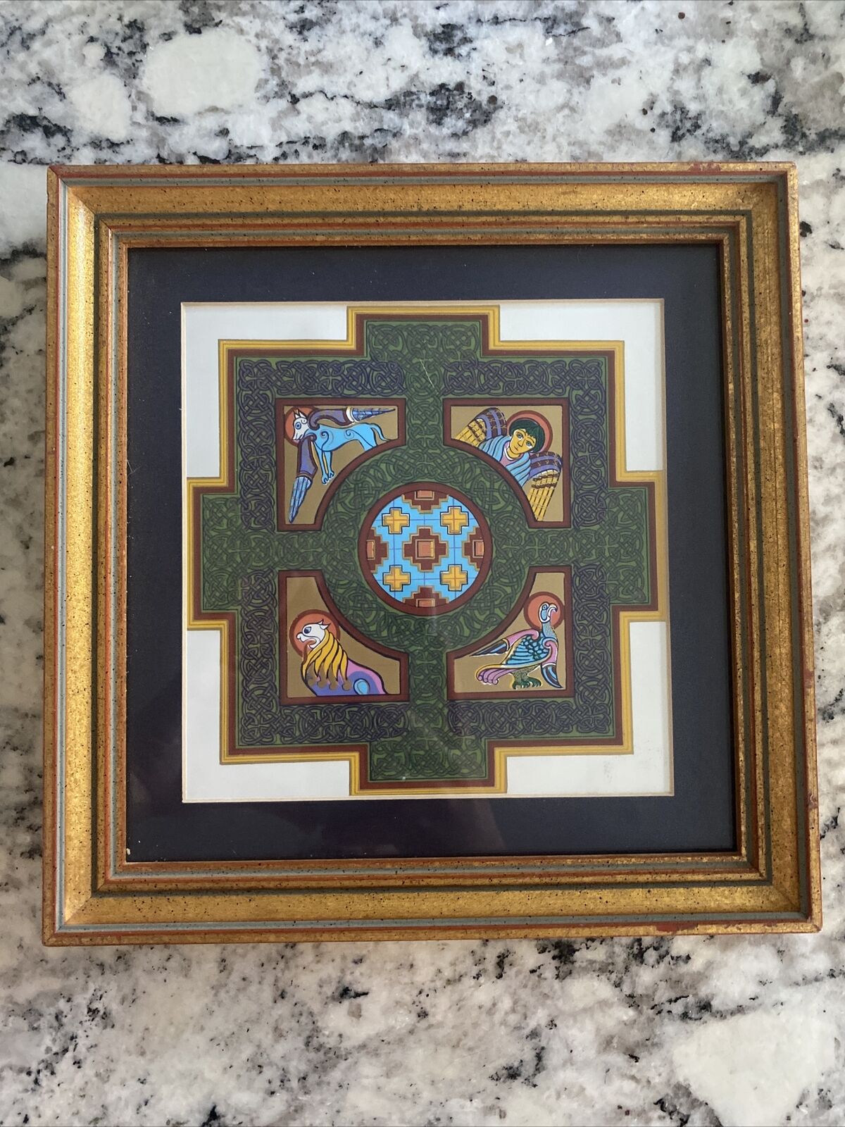 Tantra Designs KS6 Lindisfarne Celtic Cross With Four Mythical Beasts Framed Pic
