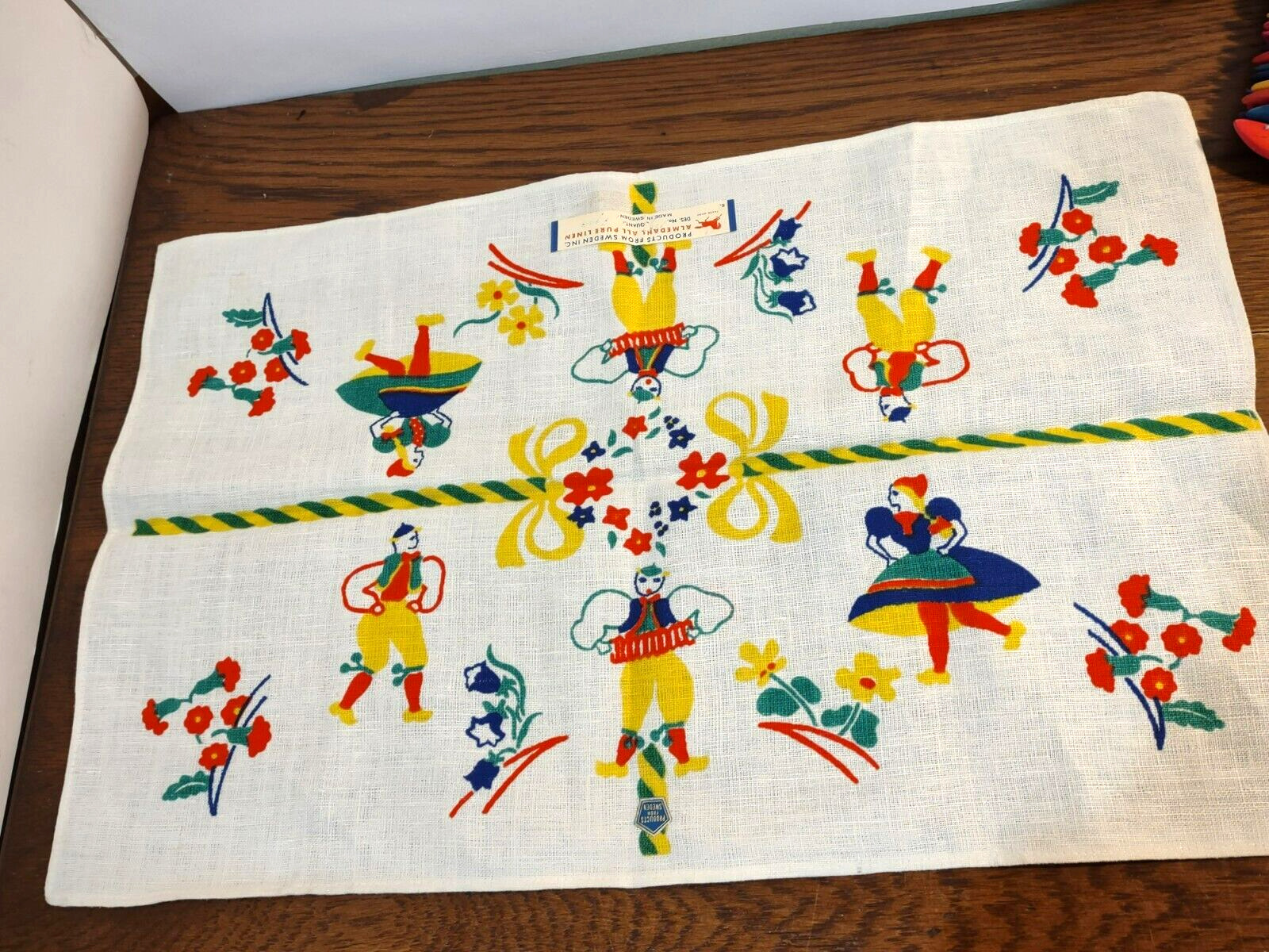 Vintage Tea Towel Painted Folk Art Almedahl All Pure linene Made in Sweden