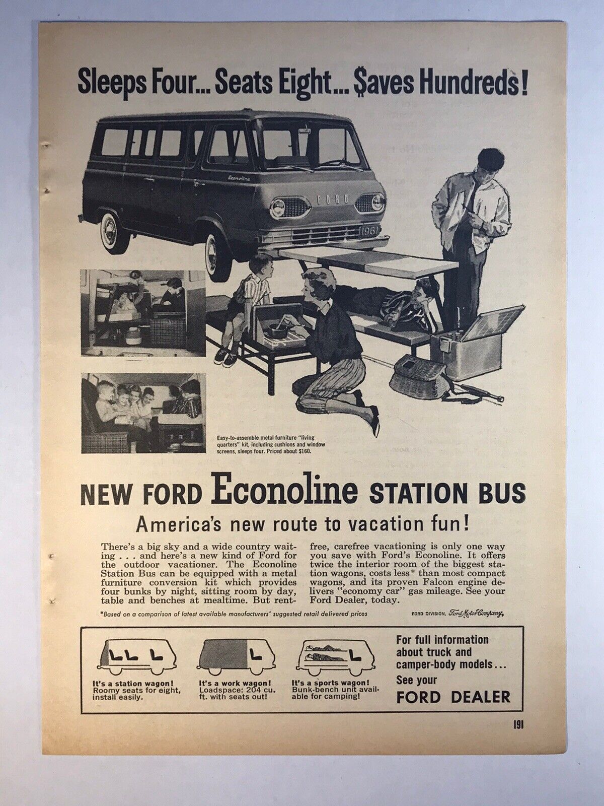 1961 Vintage Print Ford Econoline Station Bus Ad Original 