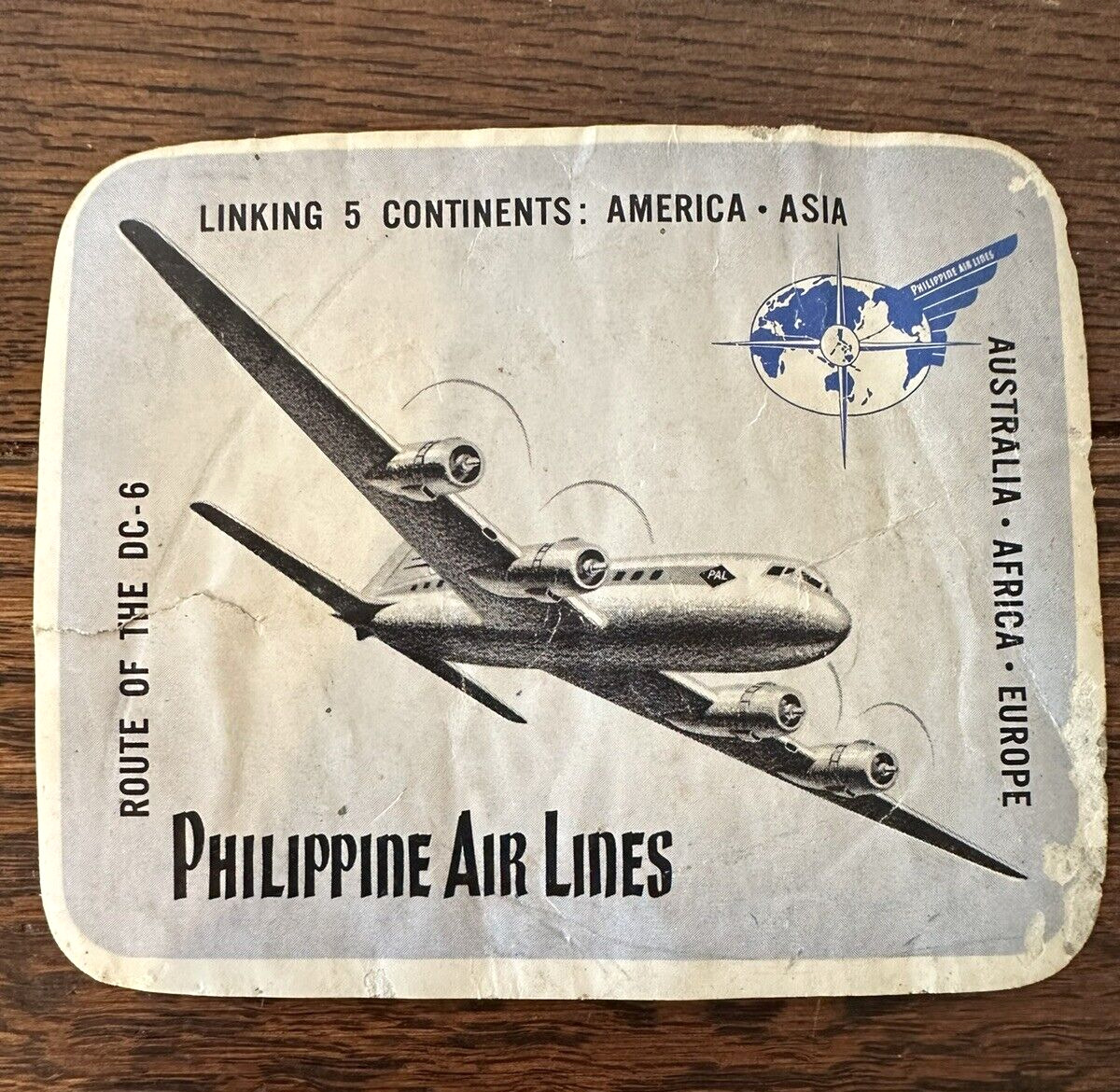 Vintage Airline Luggage Label PHILIPPINE AIR LINES DC-6  used condition