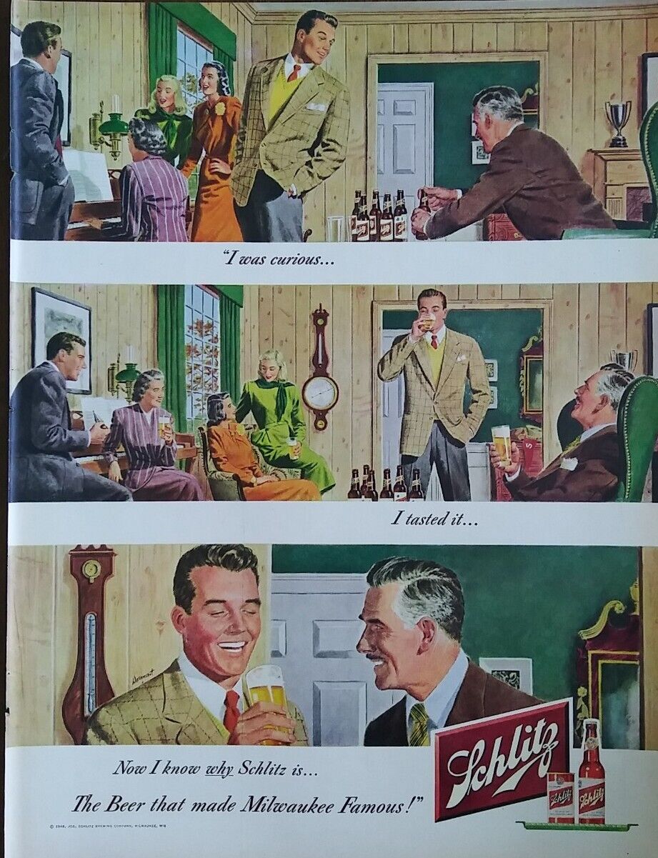 1949 vintage Schlitz beer ad. the beer that made Milwaukee famous.