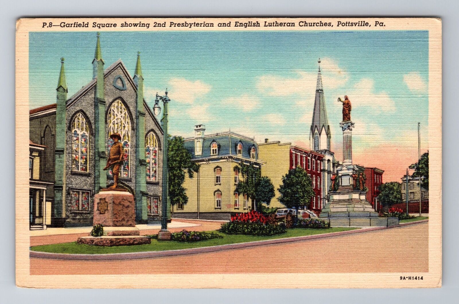 Pottsville PA-Pennsylvania, Garfield Square, Churches, Gardens, Vintage Postcard