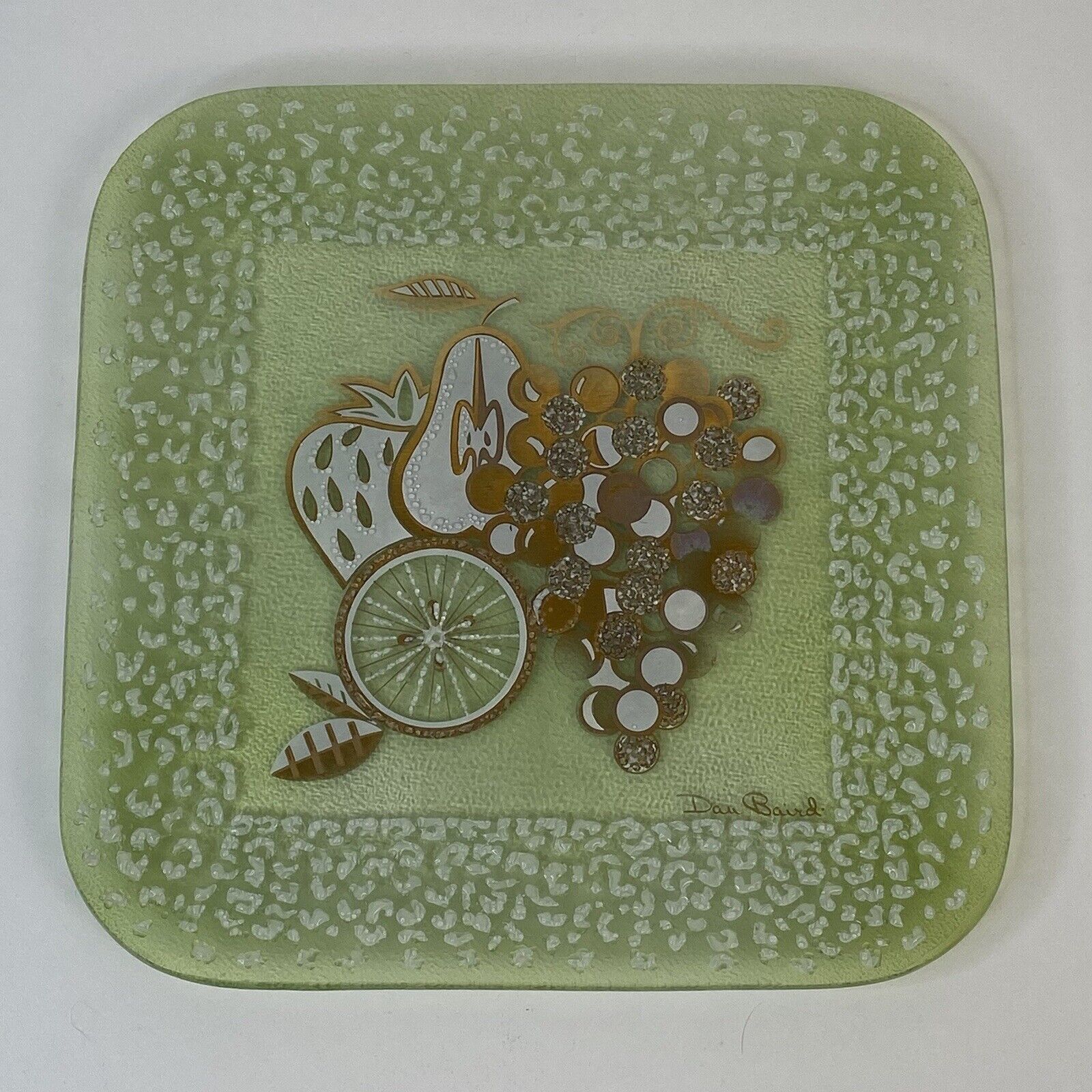 Vintage Dan Baird Green Glass Platter with Fruit Design Retro MCM Tray 9 Inches