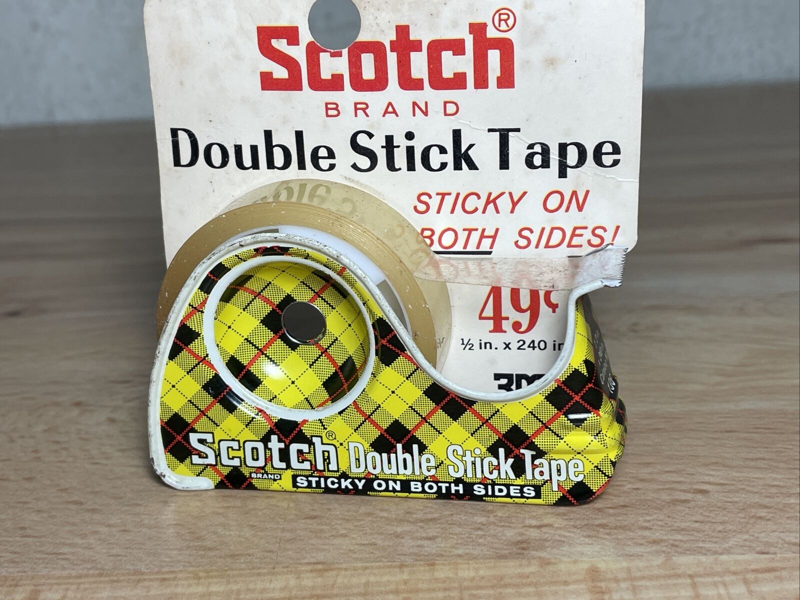 Vtg Scotch 3M Double Stick Tape Yellow Black Plaid Tin Dispenser US 1/2\