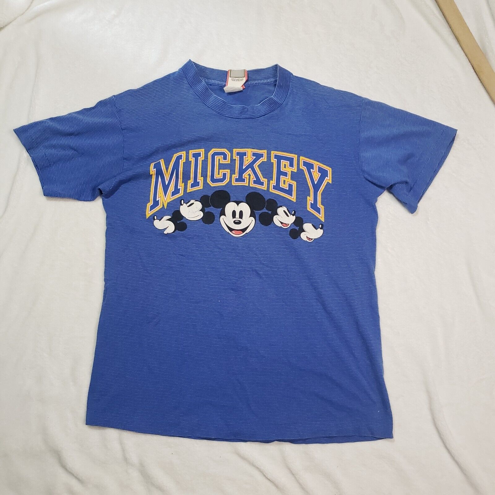 Vintage Disney Mickey Mouse Blue Striped Tee Shirt Size Small/Med USA