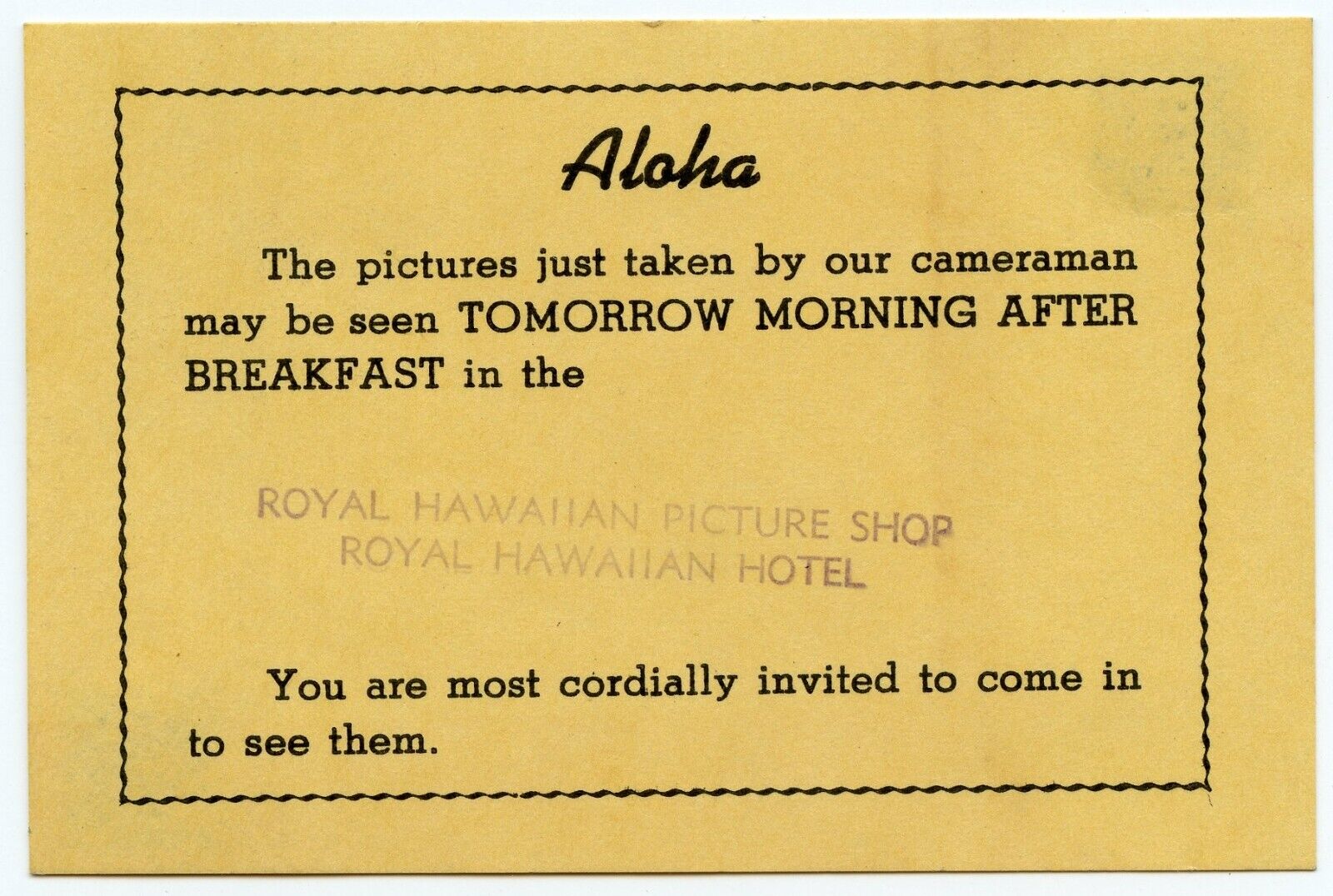 Vintage 1960 Royal Hawaiian Hotel Picture Shop Invitation Card Waikiki