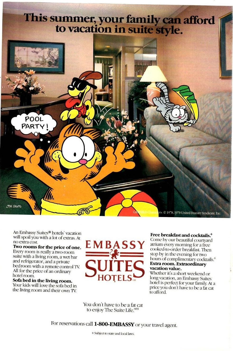 1987 Print Ad  Embassy Suites Hotels Jim Davis Cartoon Garfield Odie Family