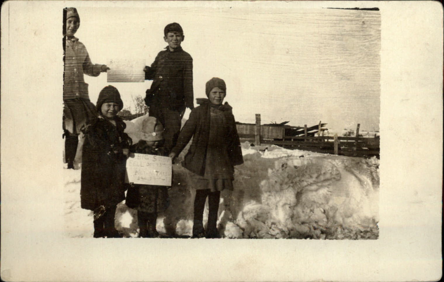 RPPC children winter storm signs Big Snow Storm Dec 23 1918 real photo location?