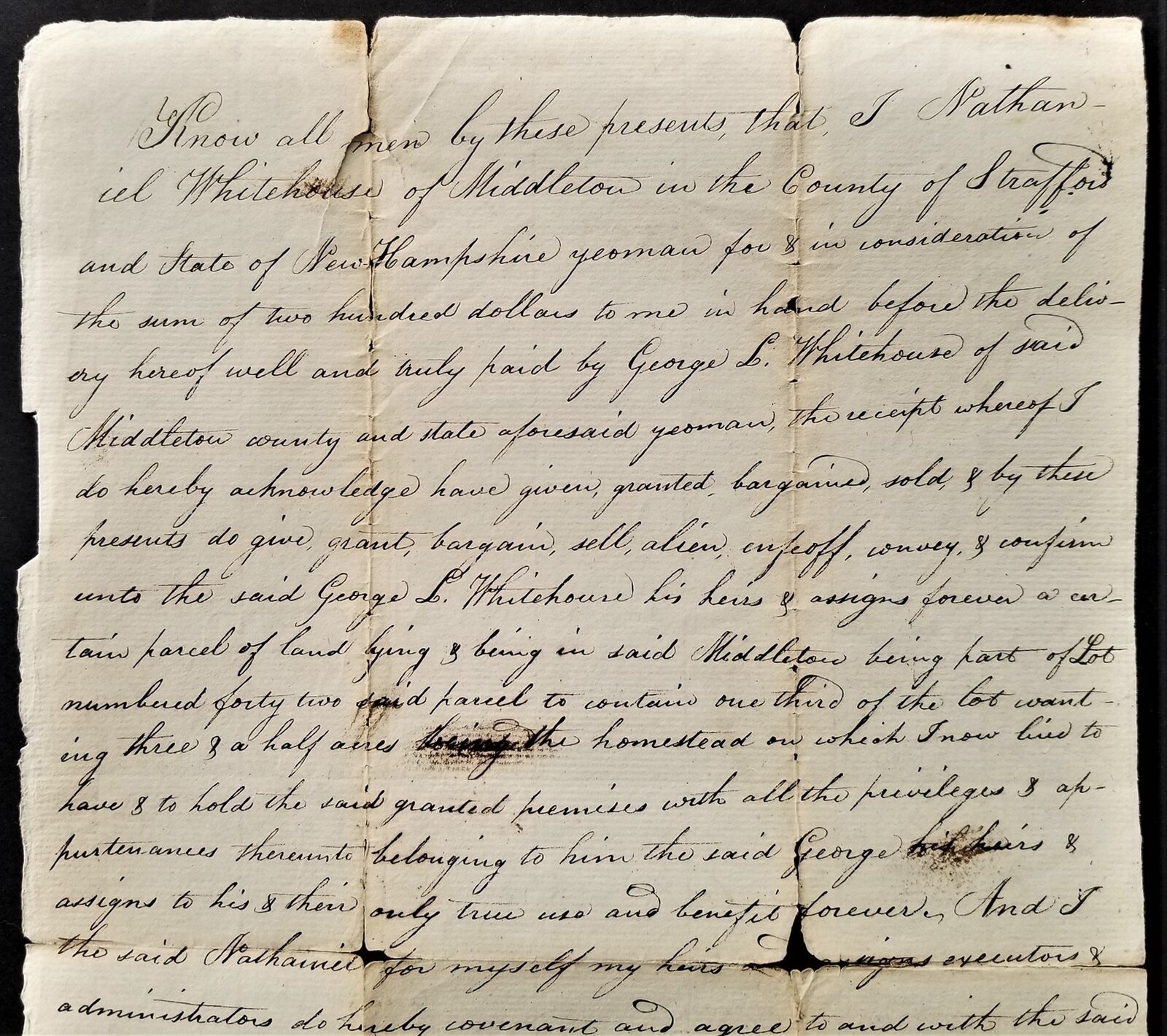 1821 antique MORTGAGE DEED middleton nh Nathaniel WHITEHOUSE yeoman handwritten