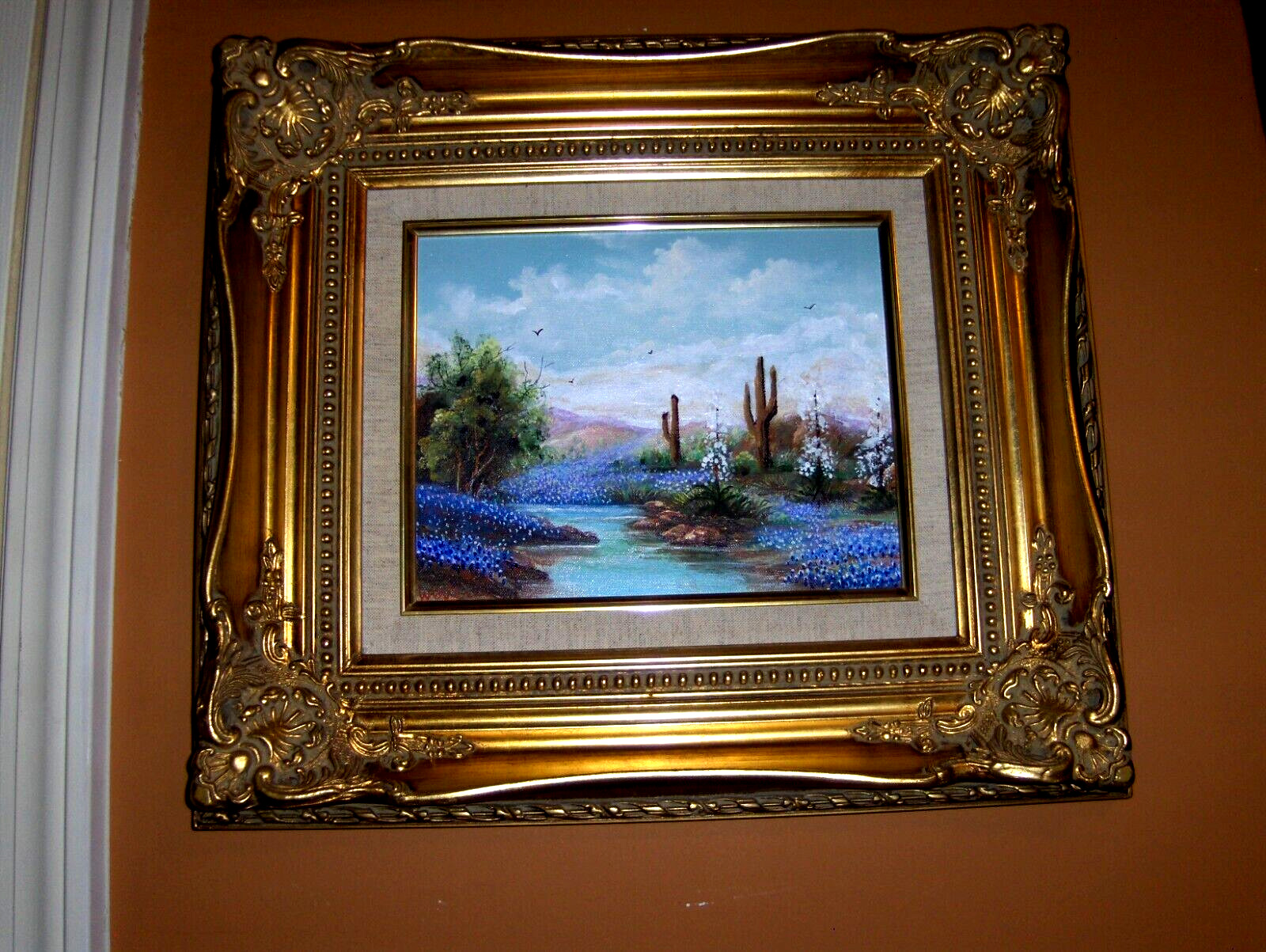 Gorgeous Ornate Gold Frame Bluebonnet Cactus Pond Yucca Blooming Oil Painting VT