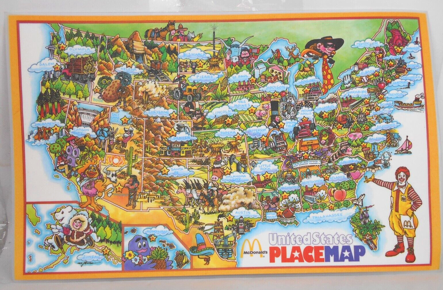 McDonalds Placemat Map States and Capitals Coast Game Laminated 1984