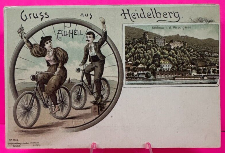 1898 COLOR Gruss Aus Allheil Bike Race Heidelberg Post Card