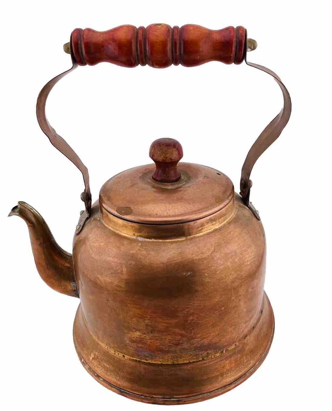 Vintage Georgian Copper Tea Pot Kettle Brass Wooden Handle Aged Patina