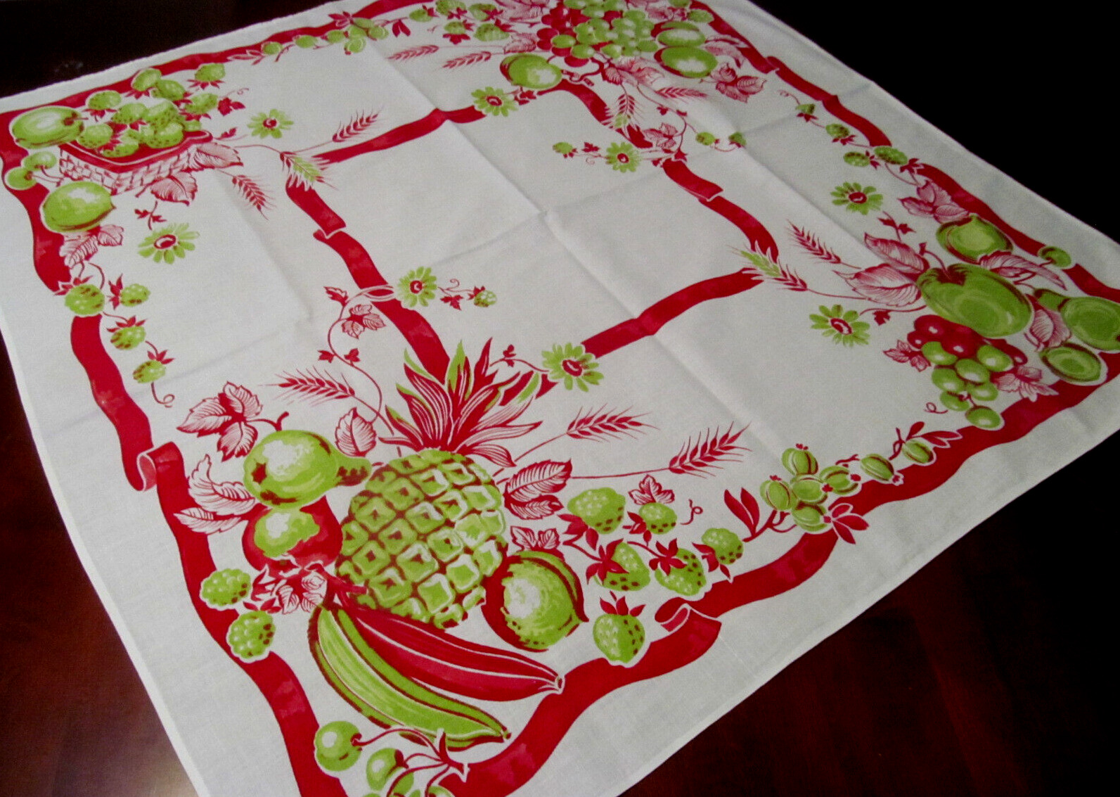 1940s FRUIT Red Lime Green Vintage Cotton Print Tablecloth~Pineapple~Strawberry