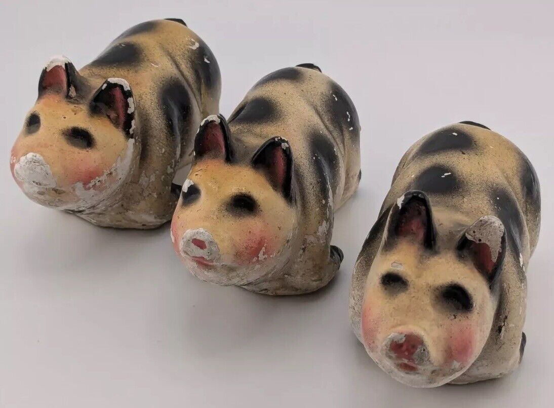 Antique Vintage Three Little Piggies Chalkware Figurines Pig Piglet