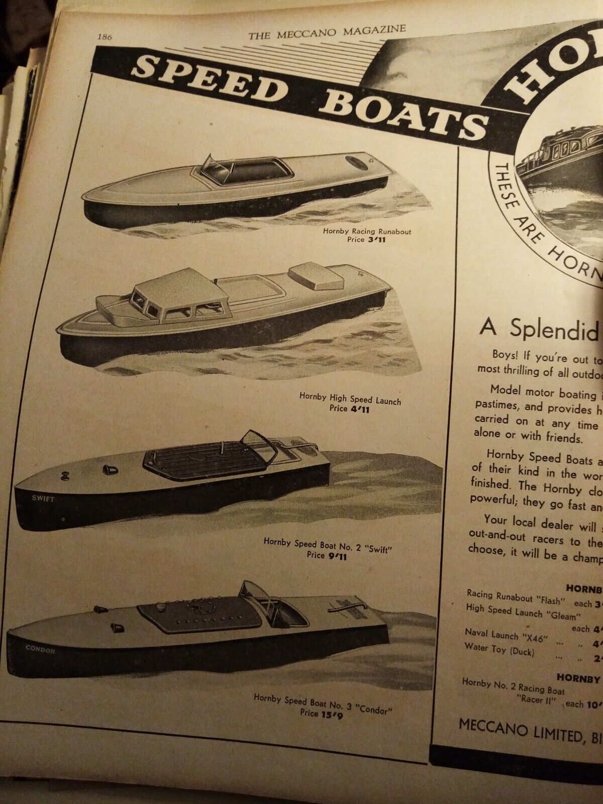 Kvc50  Ephemera 1940 advert triang hornby speed boats 2 pages folded 