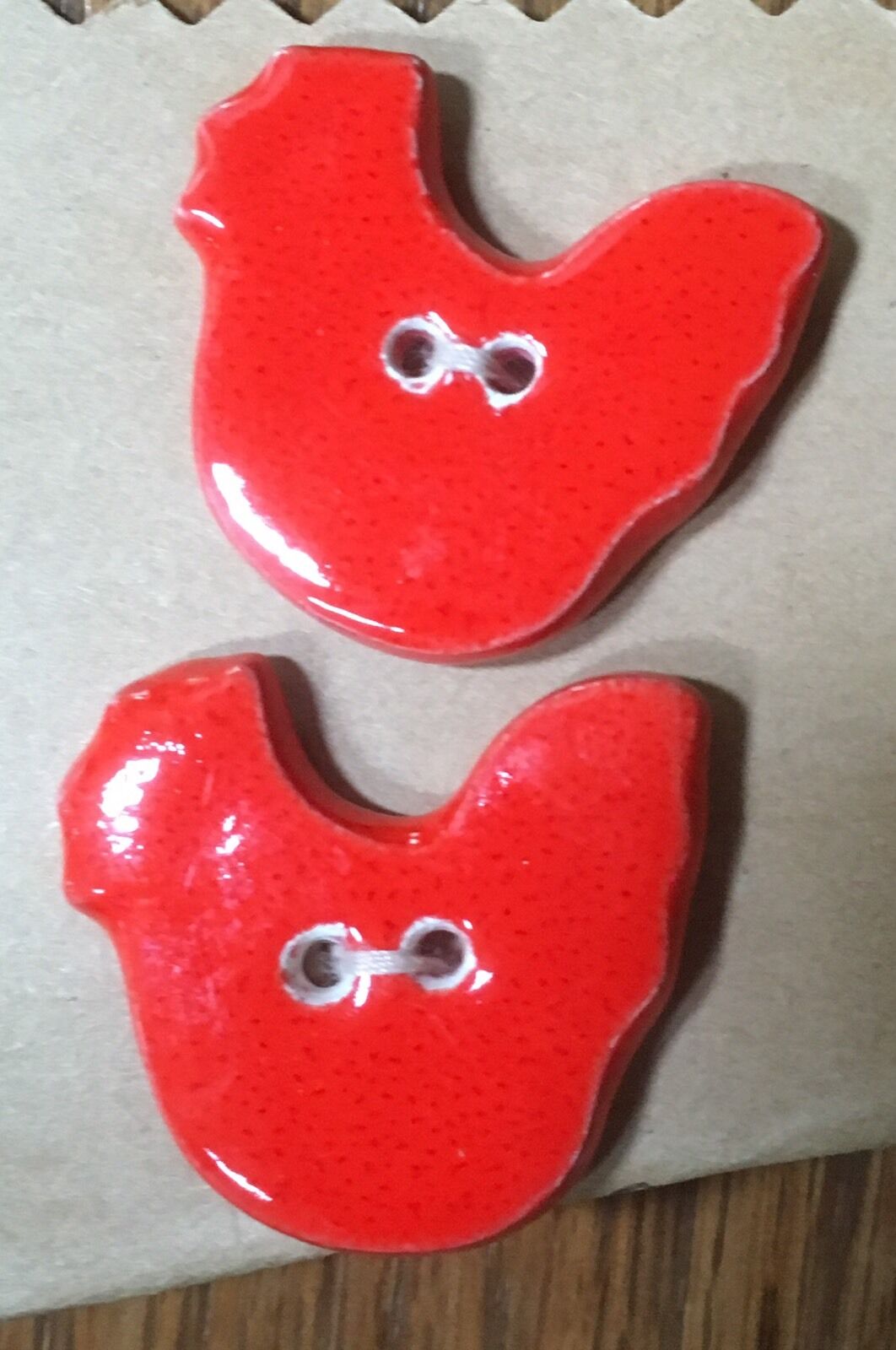 Vintage Pair Red Ceramic ROOSTER Sewing Buttons