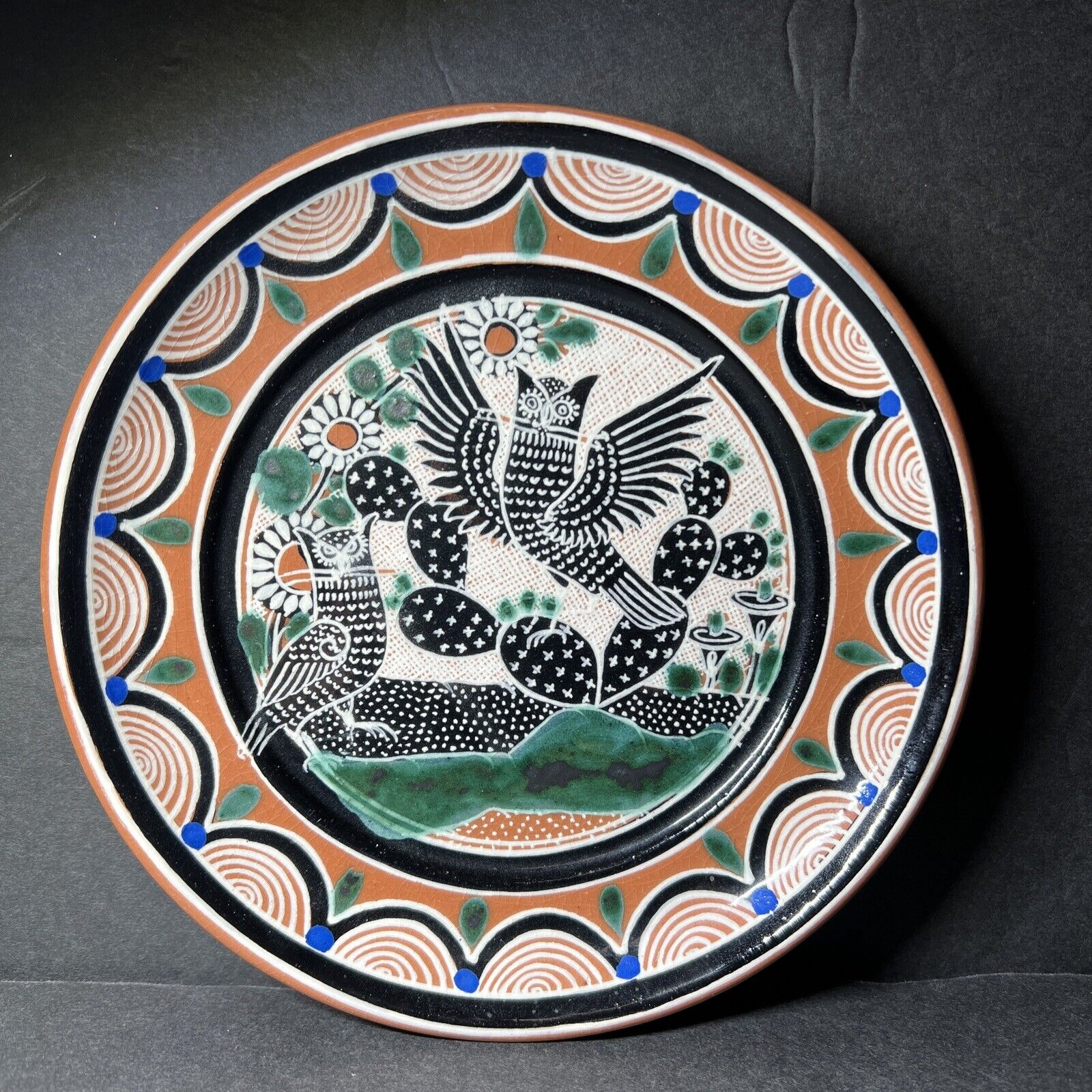 *Vintage* Rare 2 Owls Jose Bernabe Tonaca Mexico art red clay pottery plate