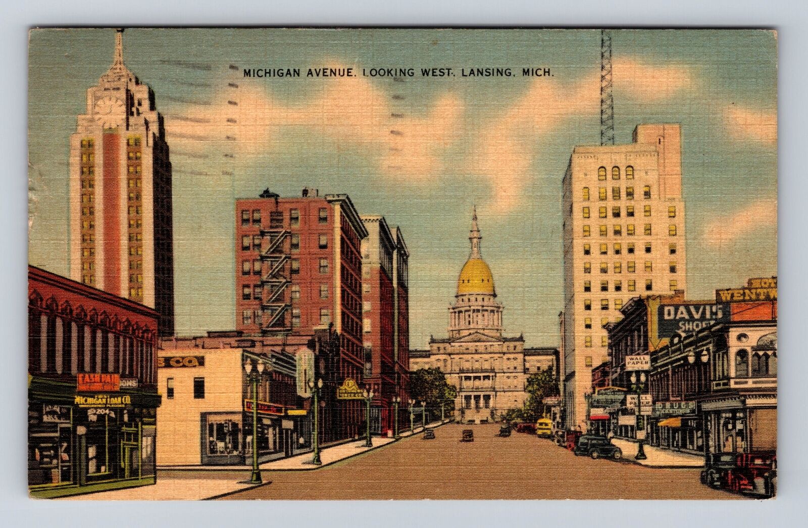 Lansing MI-Michigan, Michigan Avenue, Looking West, Vintage c1940 Postcard