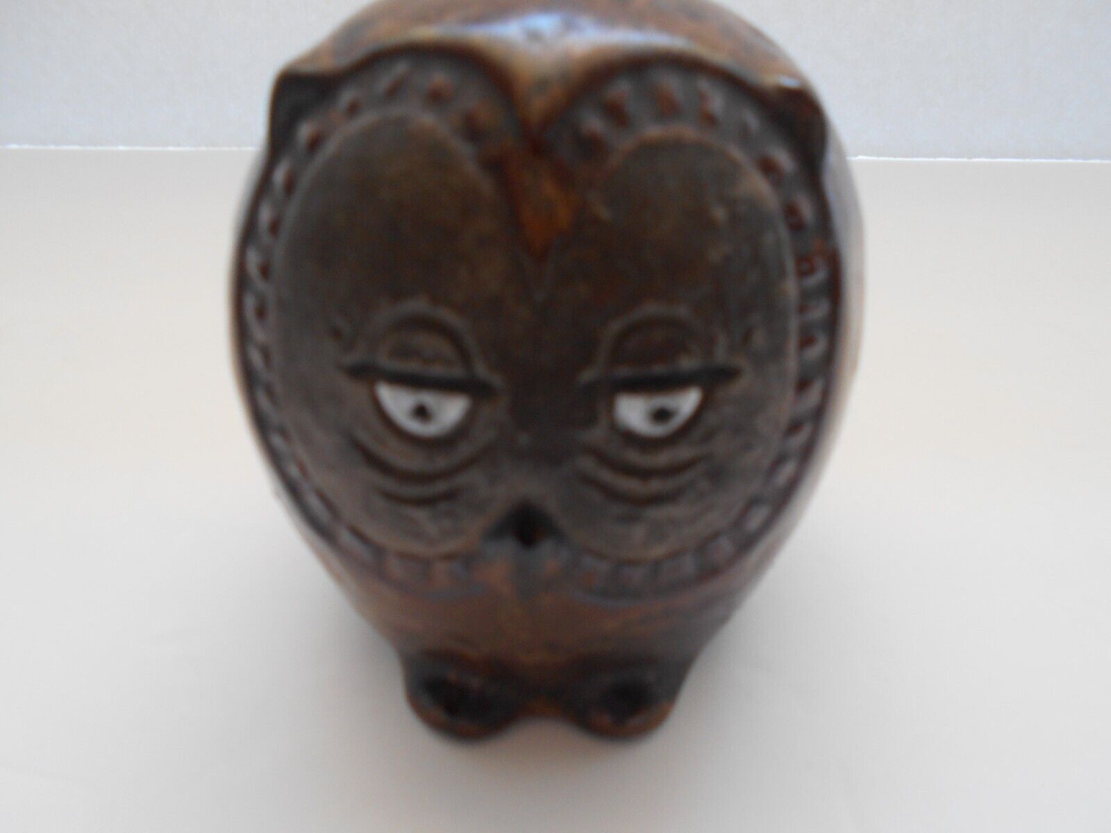 Vintage Owl stone ware cion bank, glazed, pottery brown in color. Made in Japan.