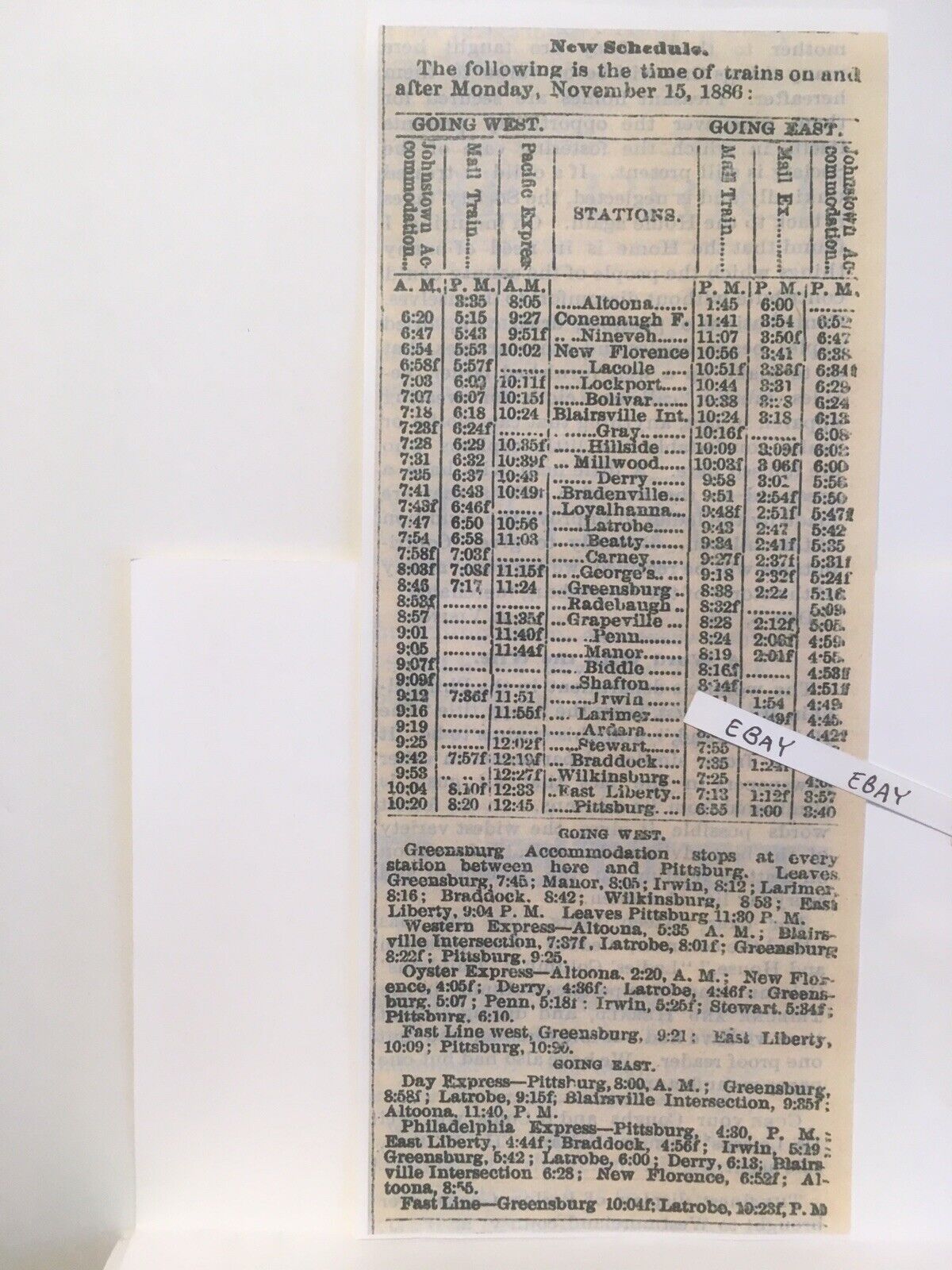 1886 Pennsylvania Railroad Altoona Derry Biddle Radebaugh Greensburg + Timetable