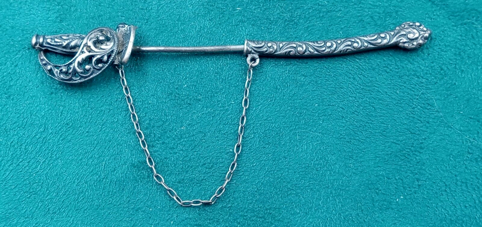Antique Sterling Silver Rapier Sword & Scabbard Pin with Chain: 3\