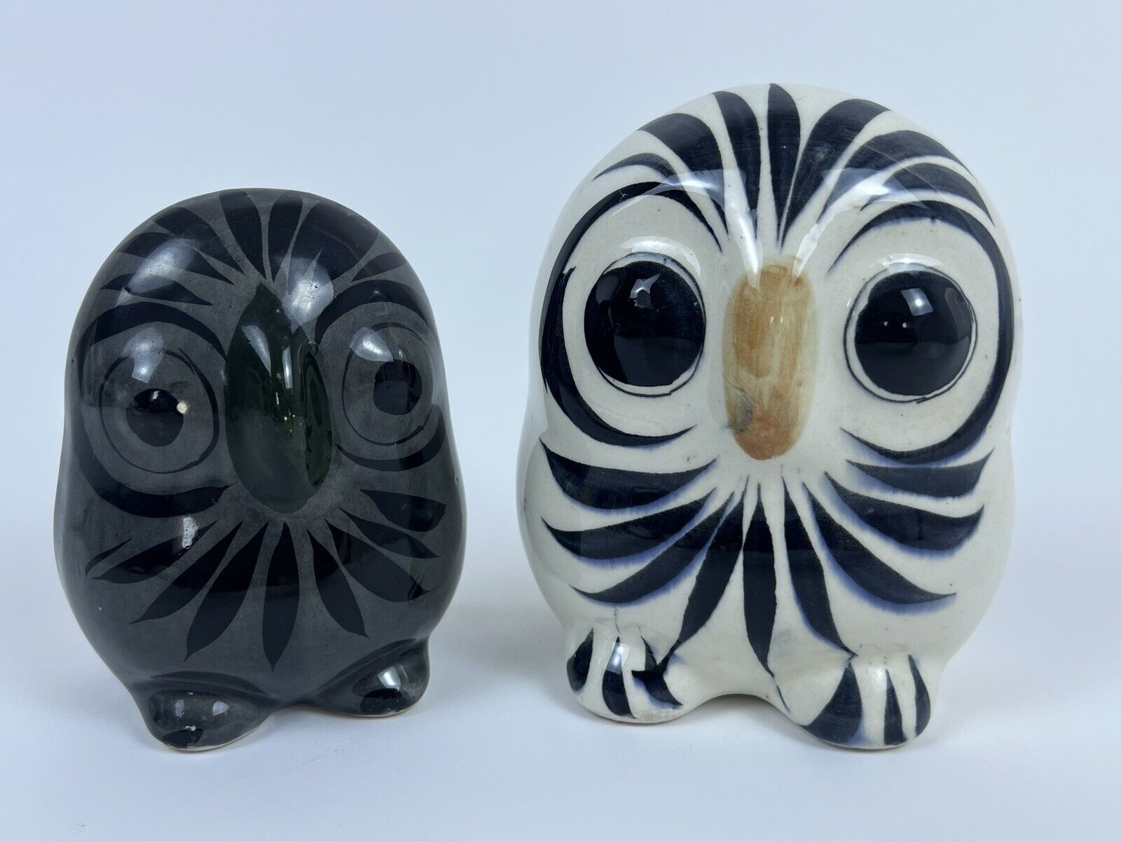 (2)Tonala Mexican Pottery Owl Handmade & Hand-painted 5” & 6” Tall Decor Pair