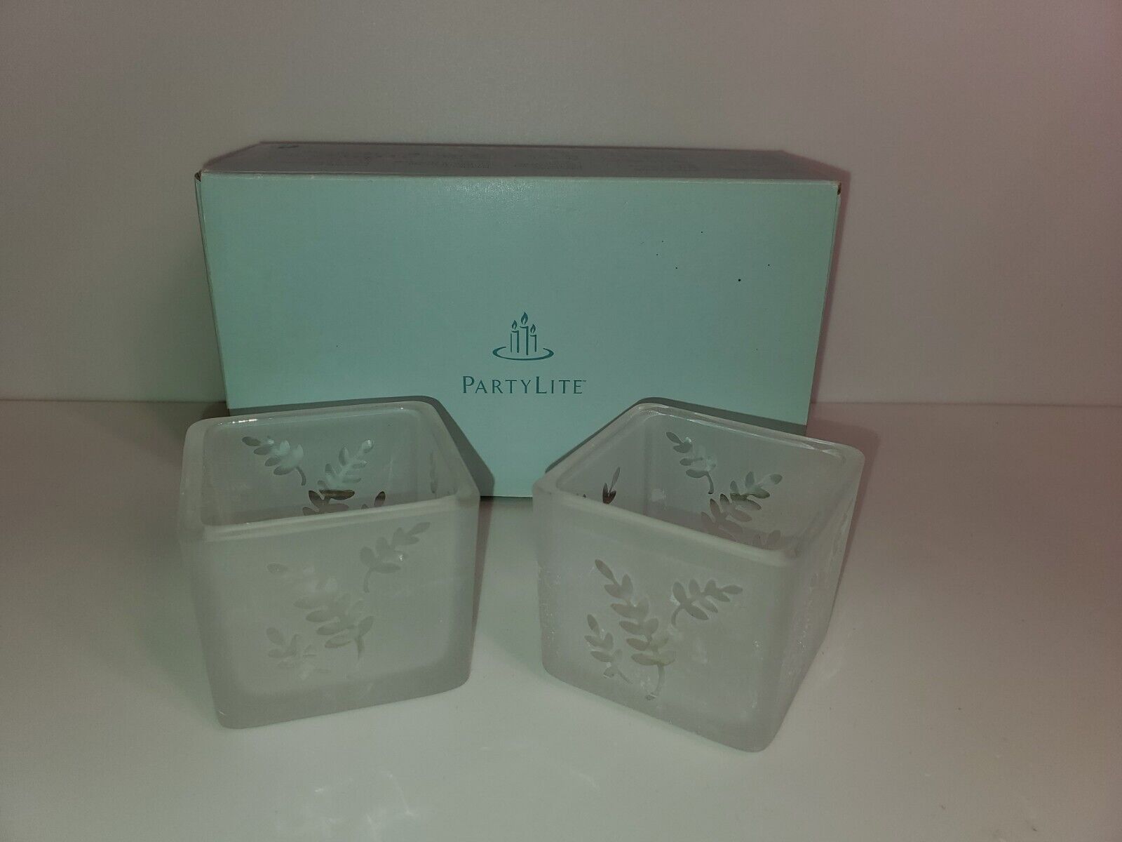 New PartyLite P7235 Square Pair Frosted Glass Votive Candle Holders.