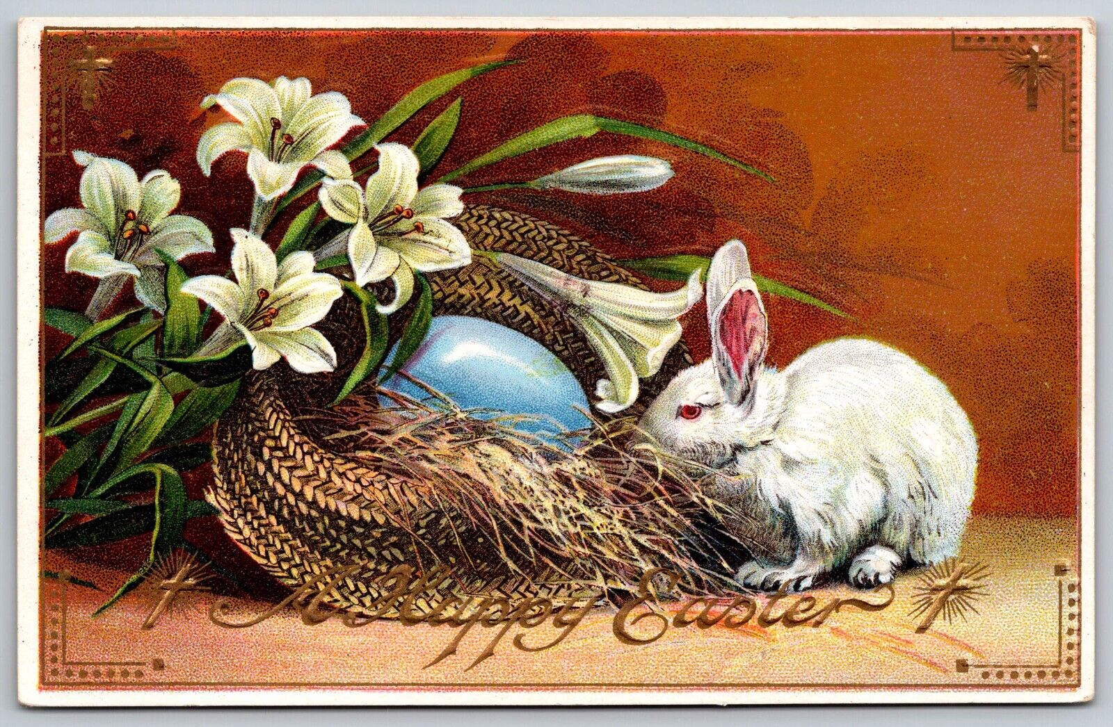 Vintage Postcard A Happy Easter Hat Nest Egg Bunny *C7343