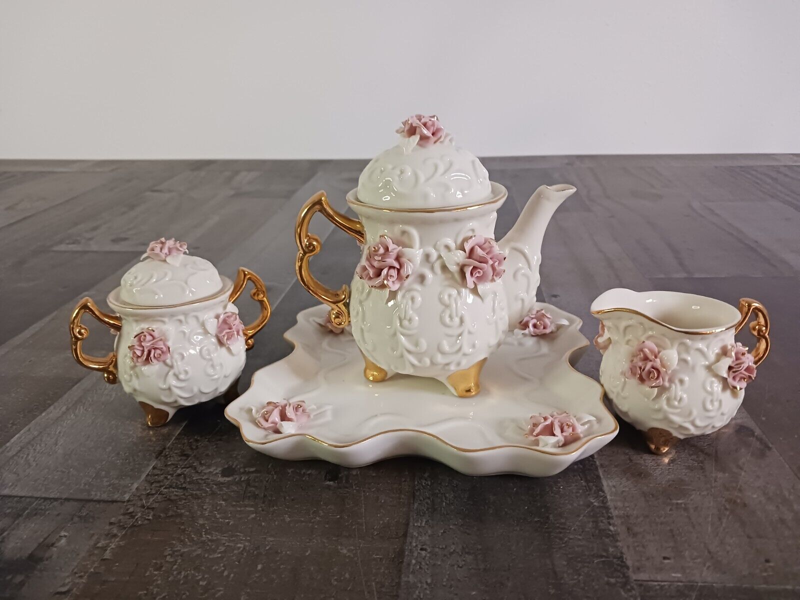Pink Rose, White and Golden Trim Porcelain Ceramic Flower tea Set 4 Piece