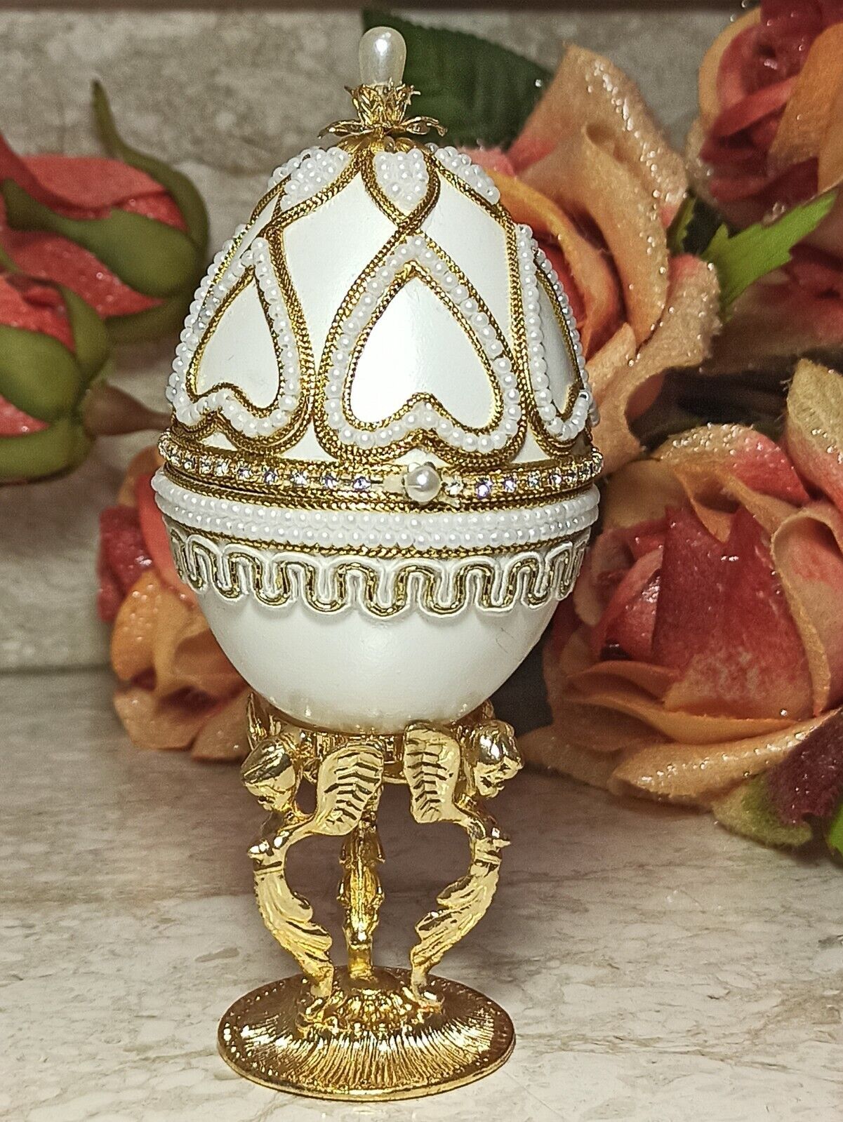 Guardian Angel Egg FABERGE Box Musical Trinket 24K GOLD HAND Decorated REAL Eggs