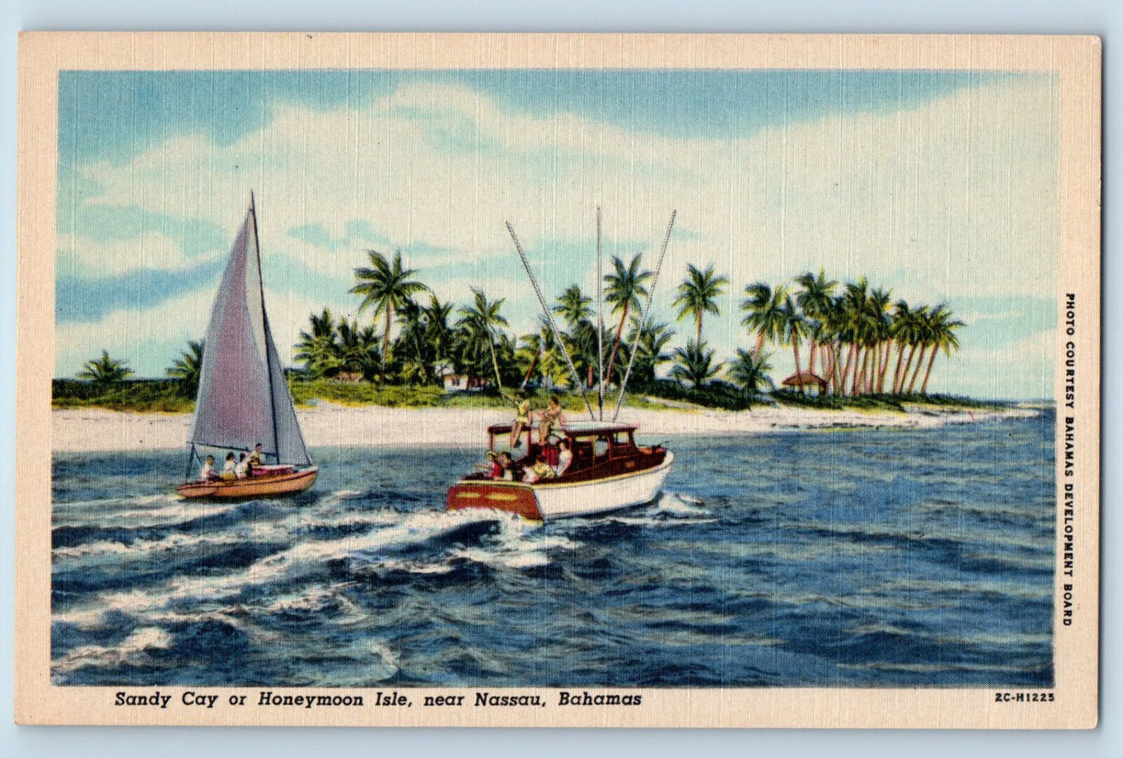 Bahamas Postcard Sandy Cay or Honeymoon Isle Motorboat Scene c1930\'s