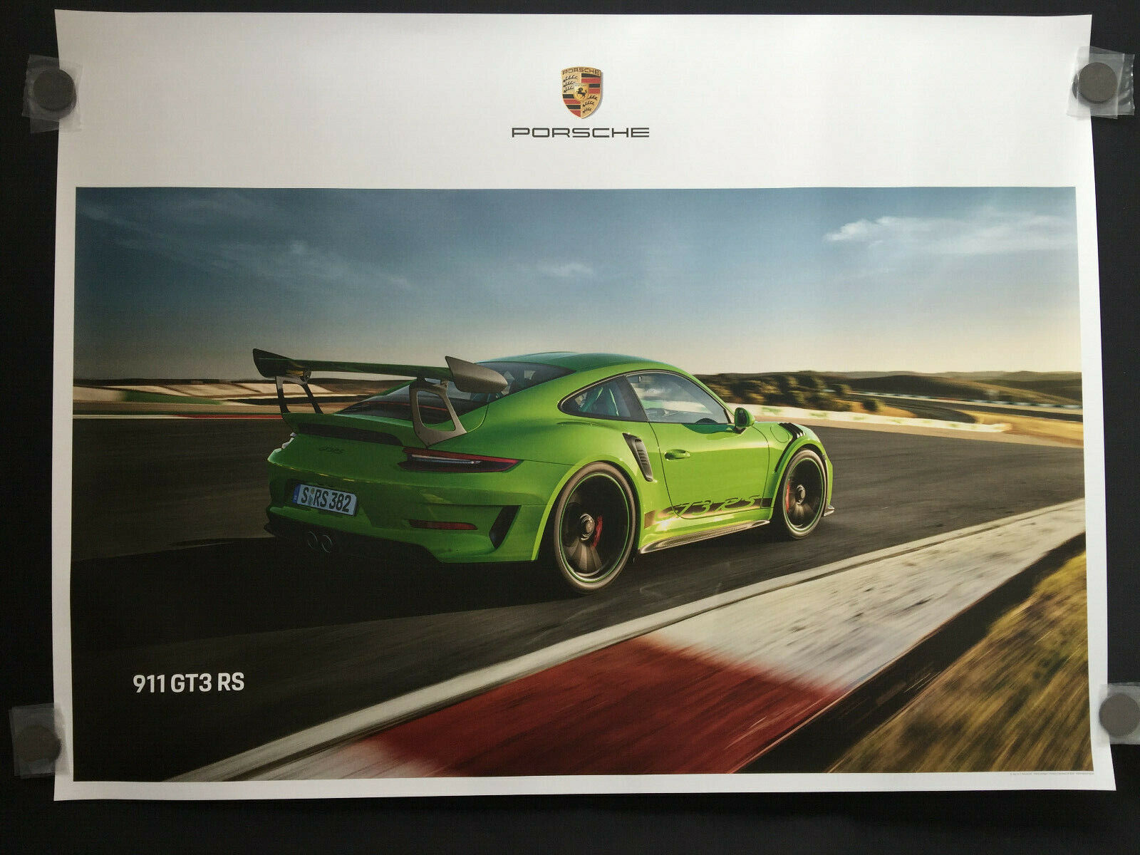 PORSCHE OFFICIAL 911 GT3 RS REAR 3/4 VIEW AT RACETRACK SHOWROOM POSTER 2018-2019