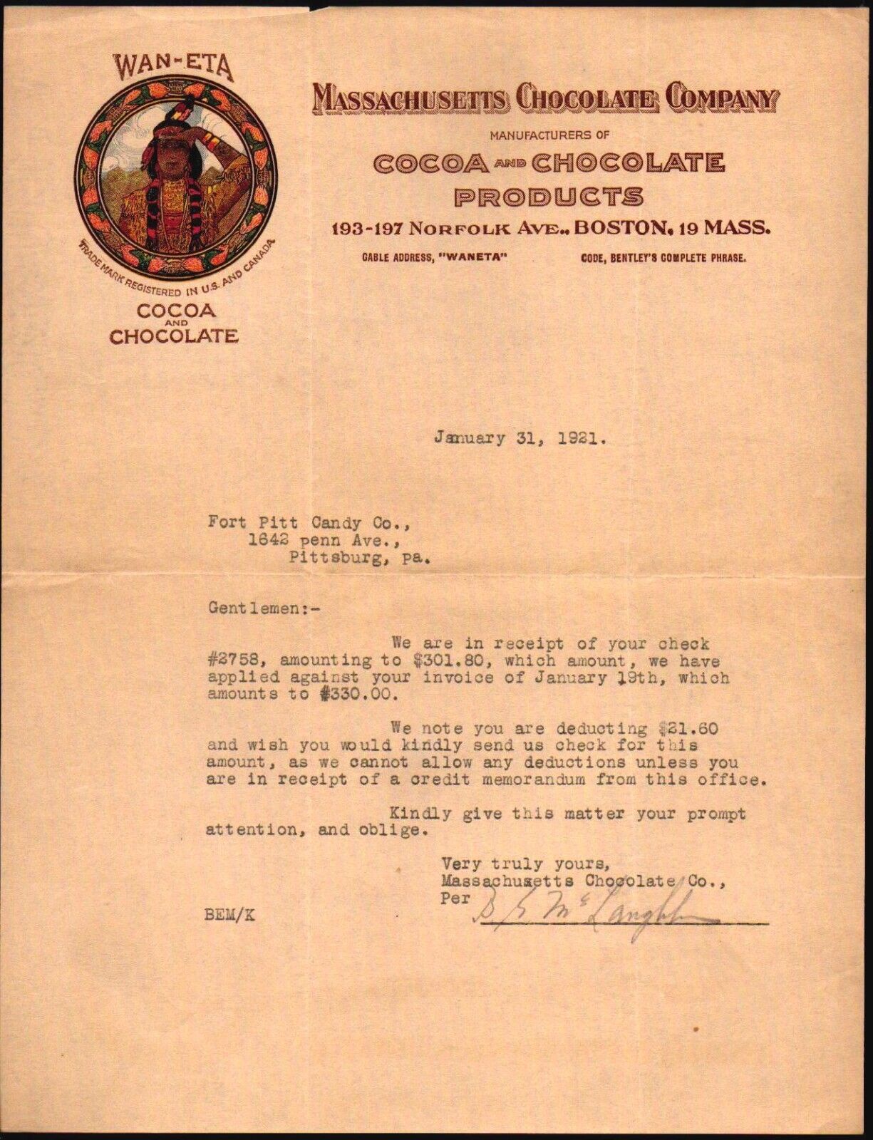 1921 Boston Wan eta Indian  Massachusetts Chocolate Cocoa Color Letter Head bill