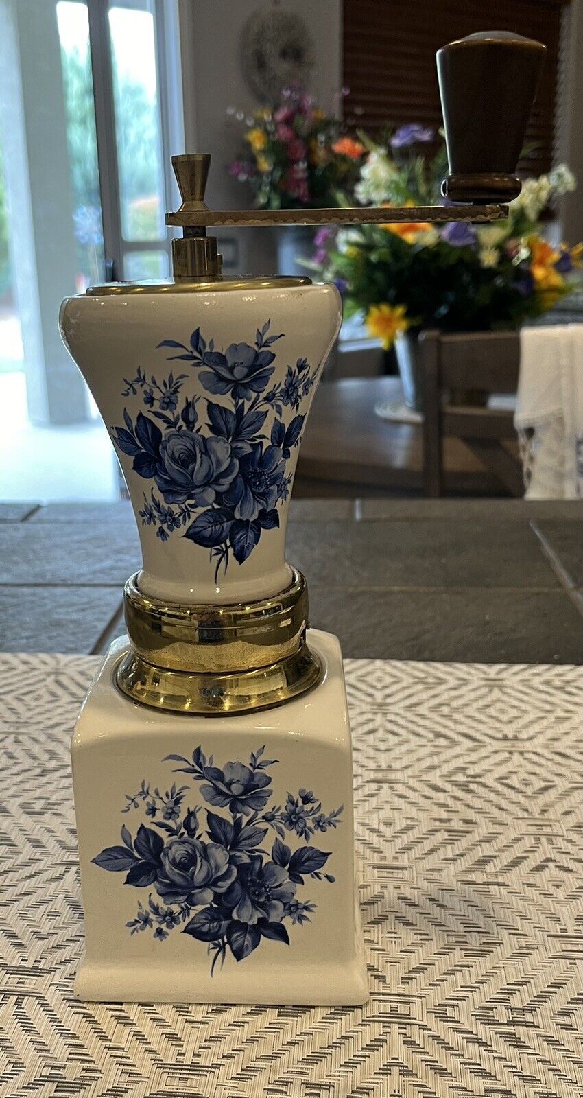 Vintage White & Blue Rose Porcelain Coffee Grinder Brass Trim From Italy      B1