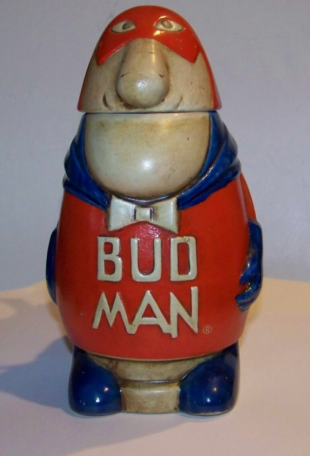 1975 Budweiser Bud Man Beer Stein Vintage Ceramarte  Solid-Head / Line down back