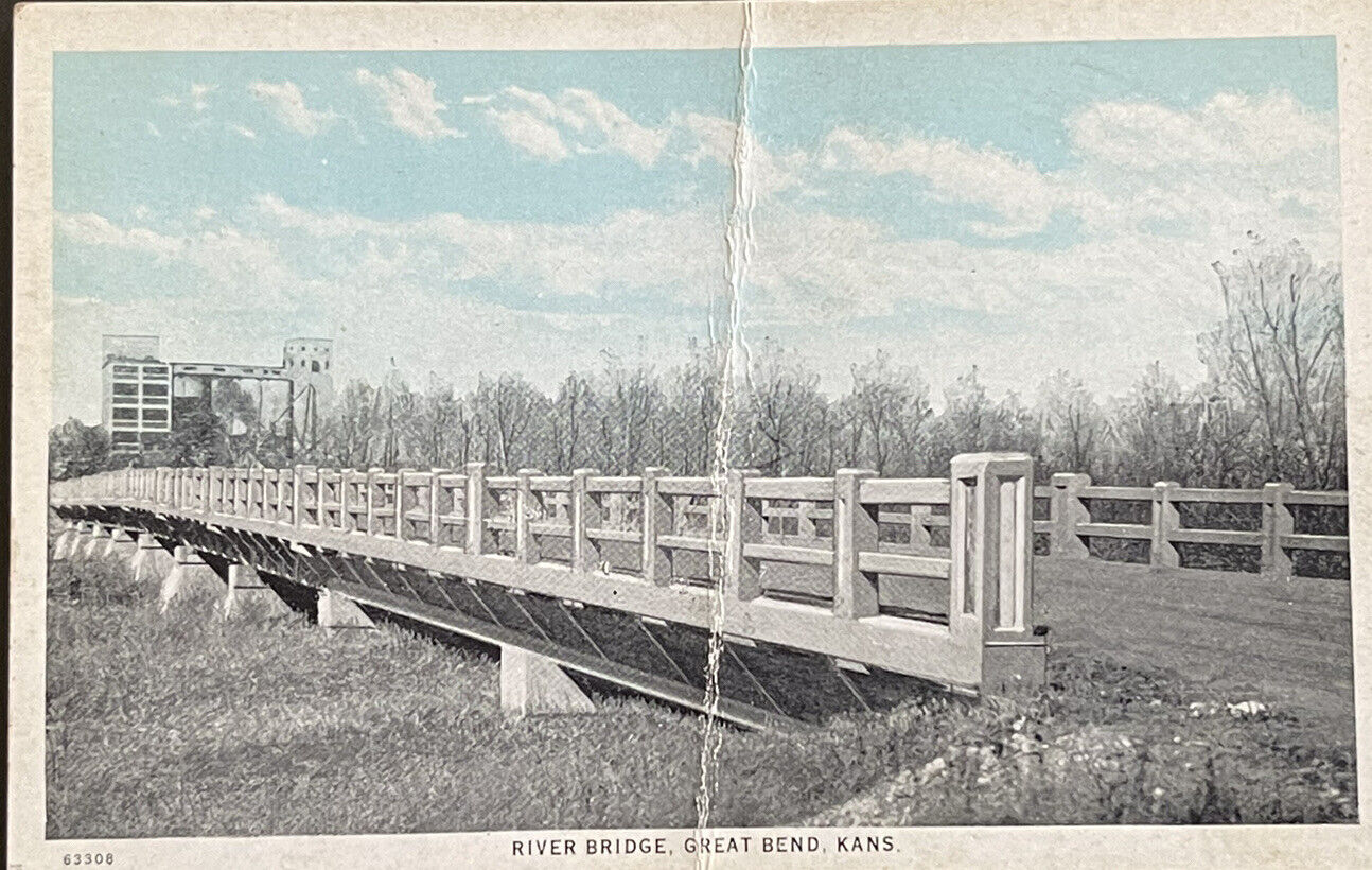 Great Bend Kansas River Bridge 1940s postcard Crease In Middle
