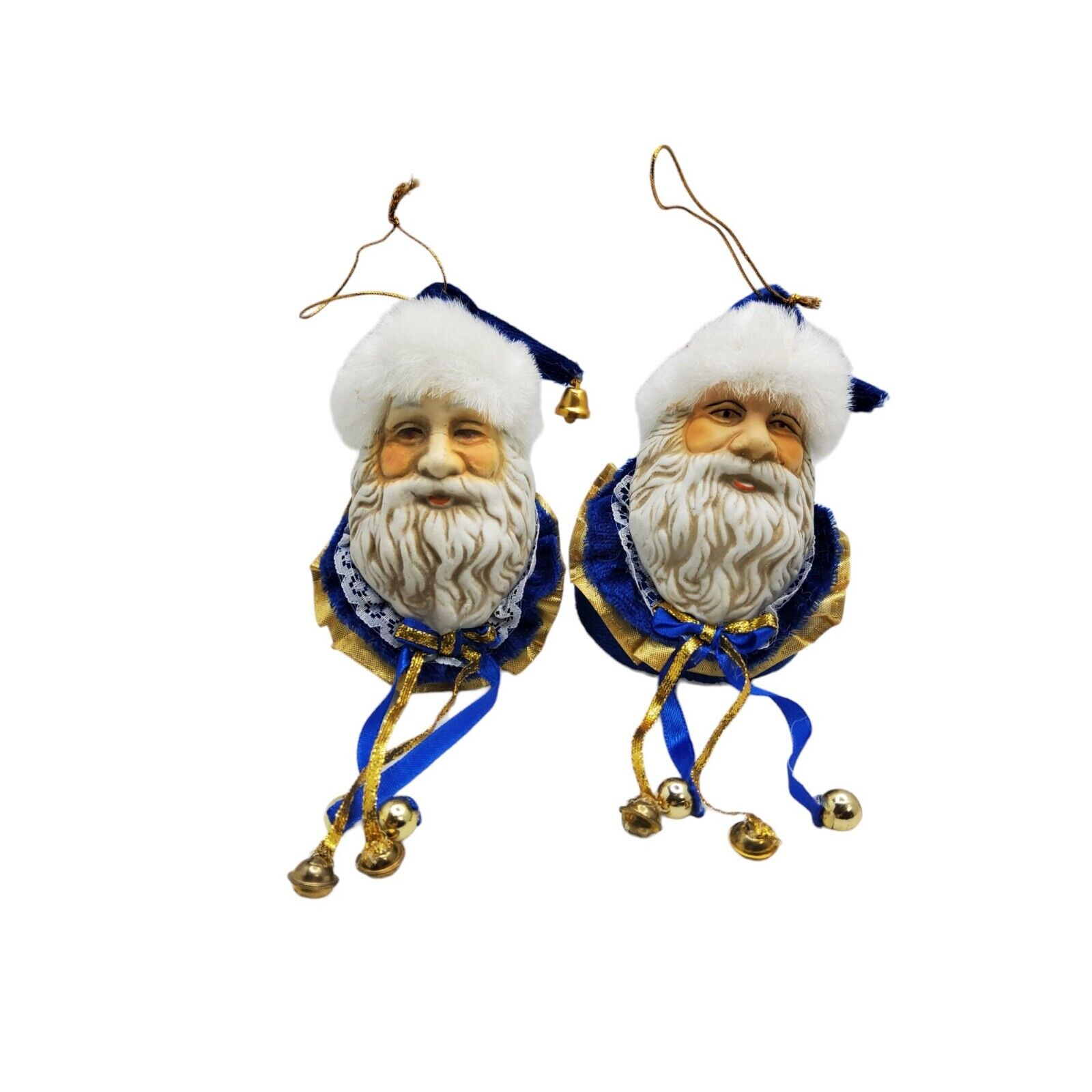 vintage pair of porcelain face santa w/velvet ball,bells tree ornaments