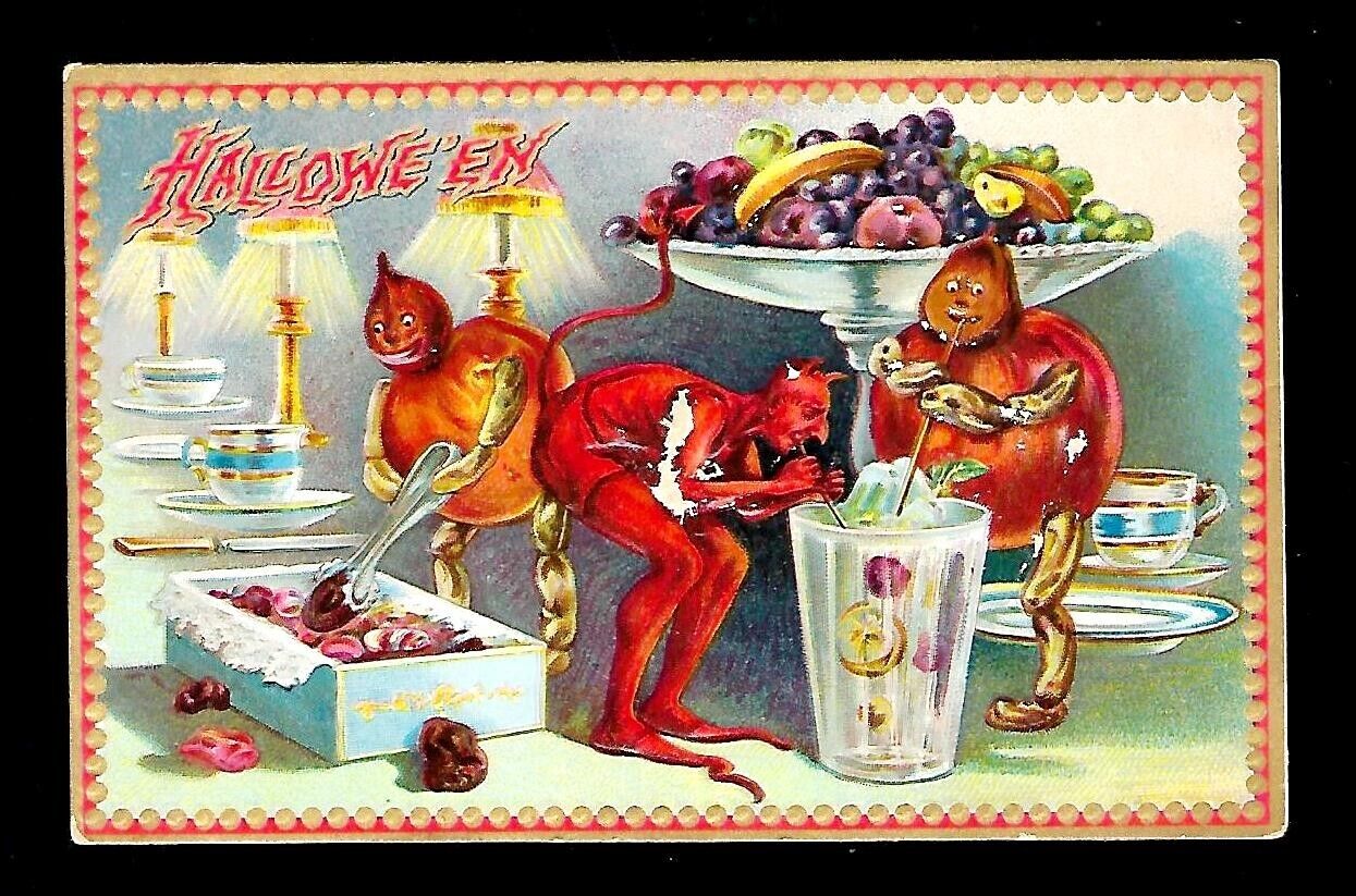 c1909 Tucks #760 Halloween Postcard Red Devil Eating & Drinking Sweets
