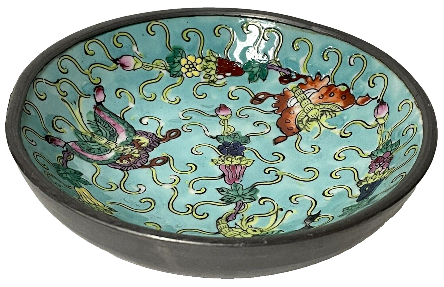 Vintage Japanese Cloisonné Enameled Metal Teal Floral Butterfly Asian Art Bowl