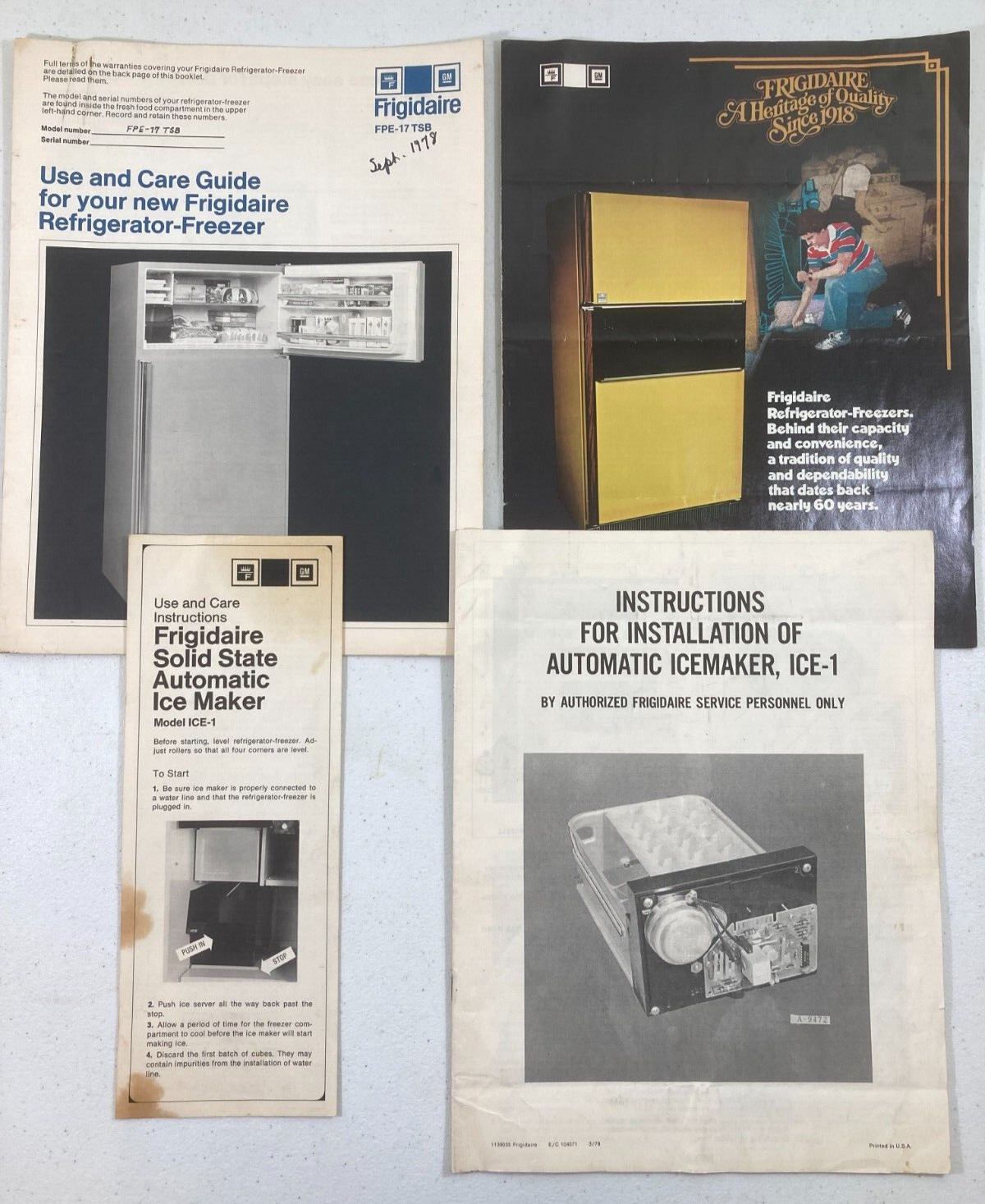 Vtg lot 4 1978 FRIGIDAIRE refrigerator brochure, guide +Ice Maker instructions