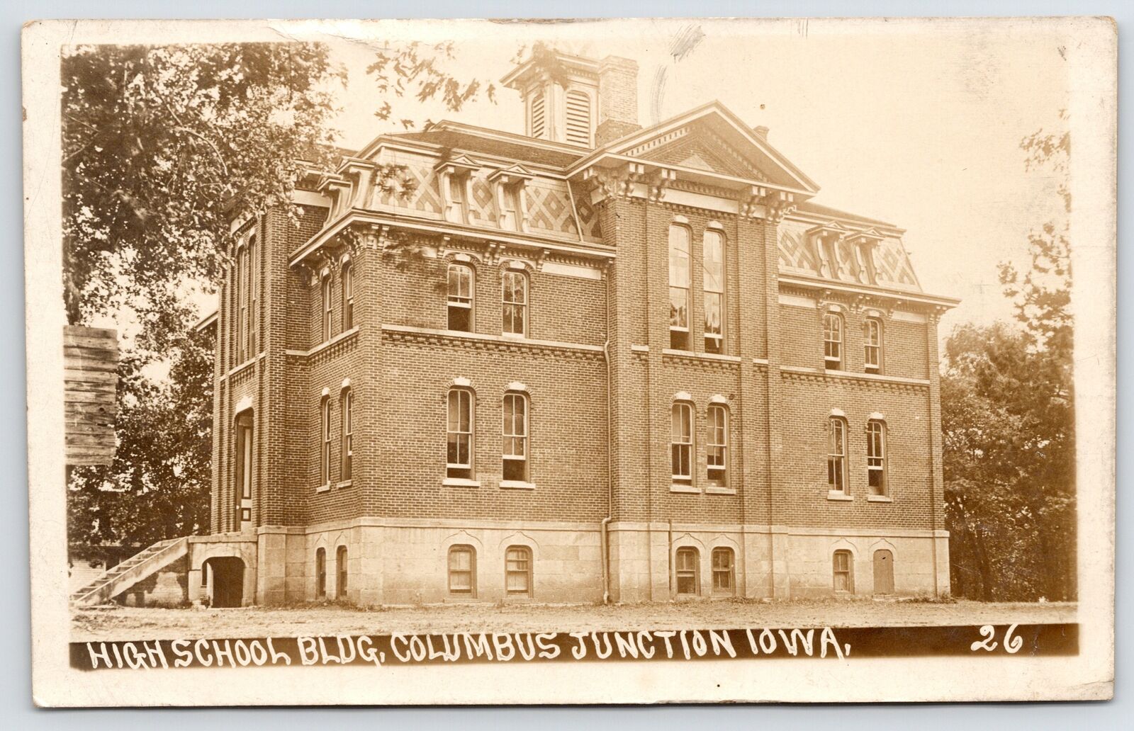Columbus Junction IA 2nd Empire High School~Exquisite Architectural Detail RPPC